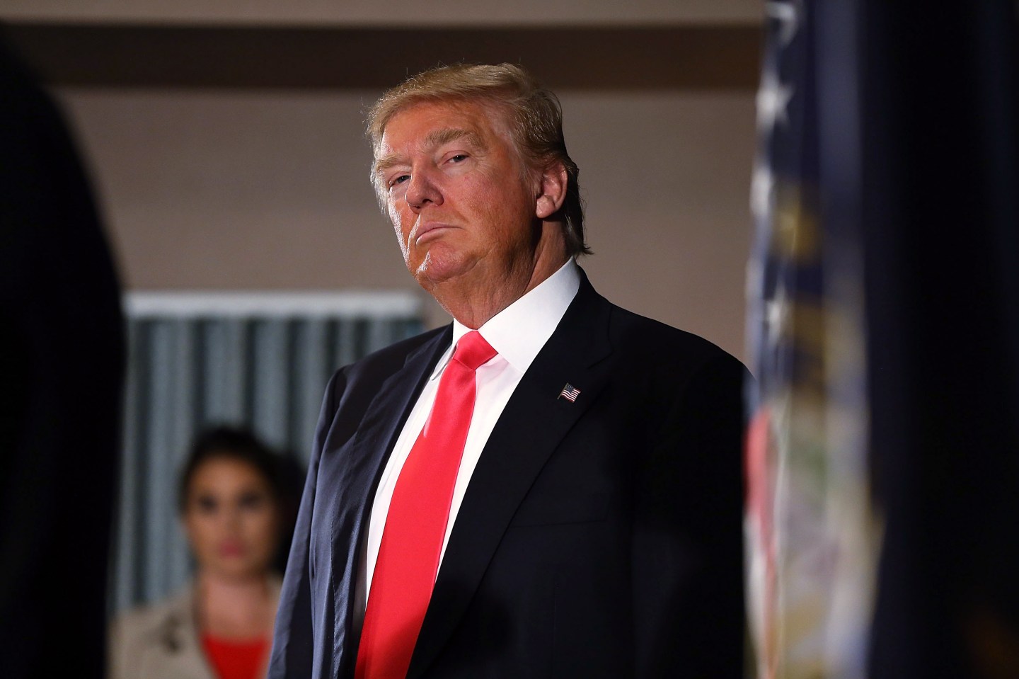 MILFORD, NH - FEBRUARY 02: Republican Presidential candidate Donald Trump speaks to the media before a campaign event at Hampshire Hills Athletic Club on February 2, 2016 in Milford, Iowa. Democratic and Republican Presidential are stumping for votes throughout New Hampshire leading up to the Presidential Primary on February 9th. (Photo by Joe Raedle/Getty Images)