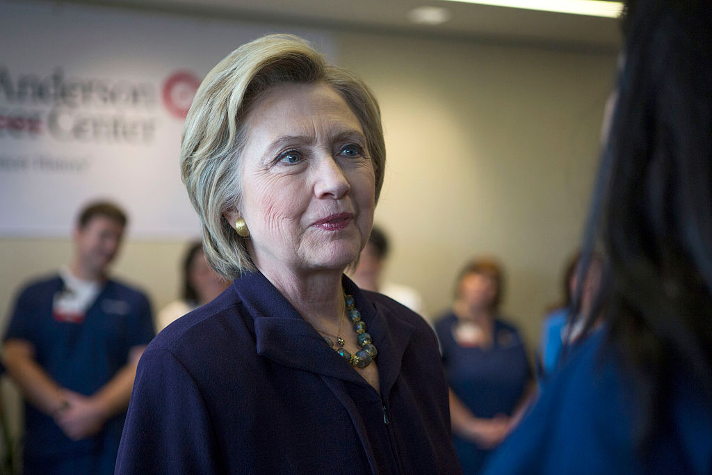 CAMDEN, NJ - MAY 11: Hillary Clinton  meets with hospital workers at Cooper University Hospital's Anderson Cancer Center on May 11, 2016 in Camden, New Jersey. Residents of New Jersey will vote in the Democratic primary on June 7, 2016. (Photo by Jessica Kourkounis/Getty Images)