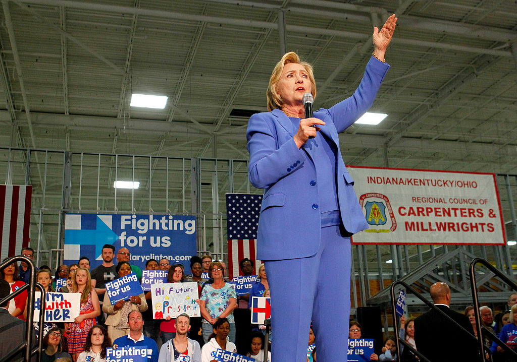 LOUISVILLE, KY - MAY 15: Democratic presidential candidate Hillary Clinton addresses the crowd during a campaign stop at the Union of Carpenters and Millwrights Training Center May 15, 2016 in Louisville, Kentucky. Clinton is preparing for Kentucky's May 17th primary.    (Photo by John Sommers II/Getty Images)