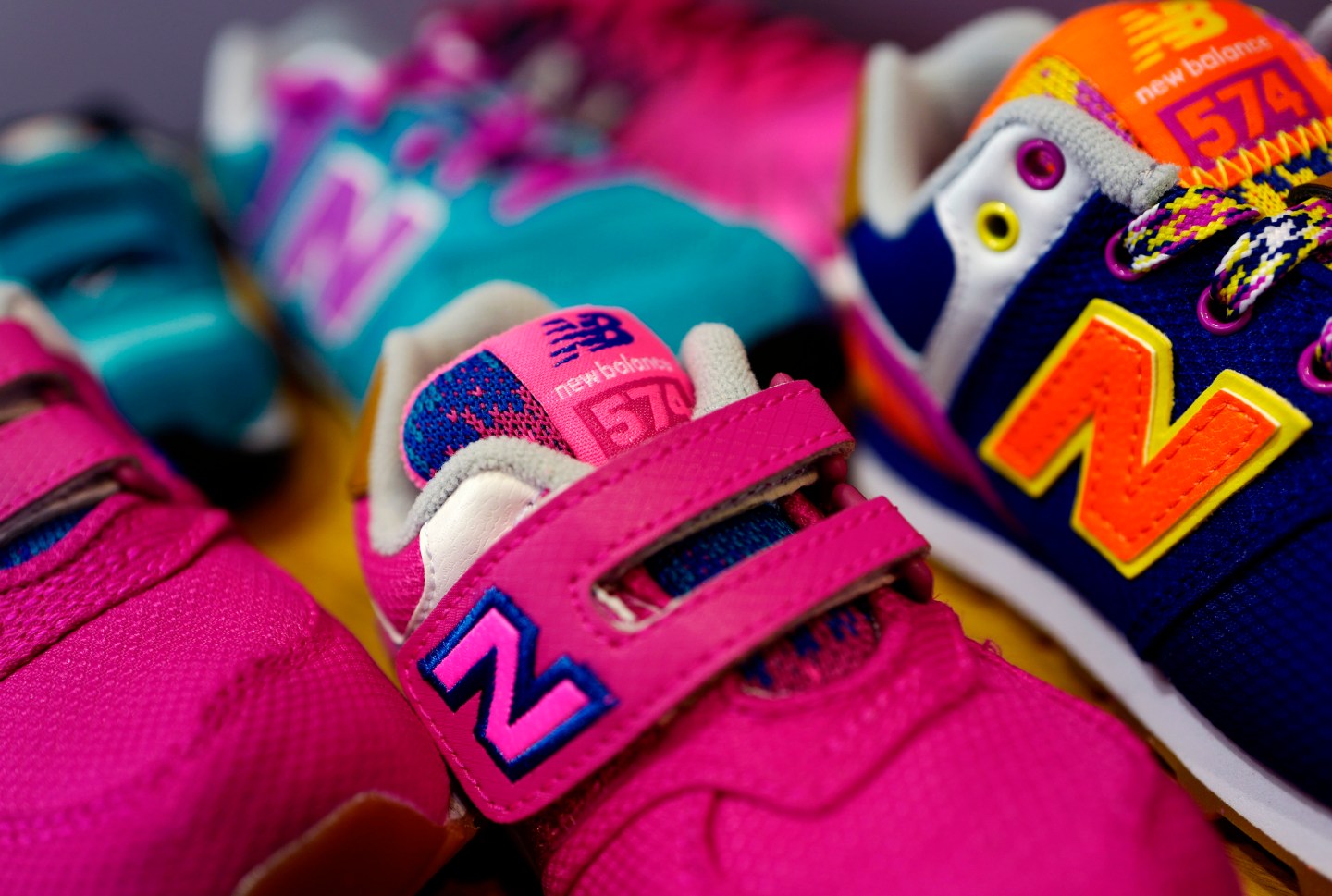 Sneakers for children of U.S. manufacturer New Balance are on display at a children clothing shop in Hanau near Frankfurt
