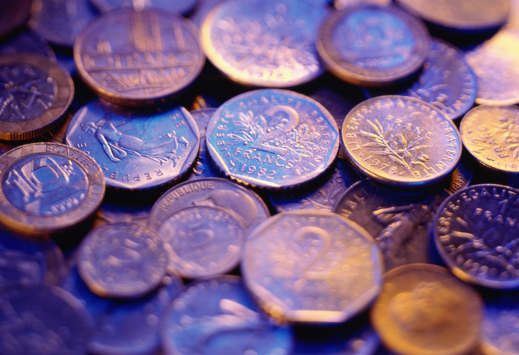 French currency, assorted coins, full frame