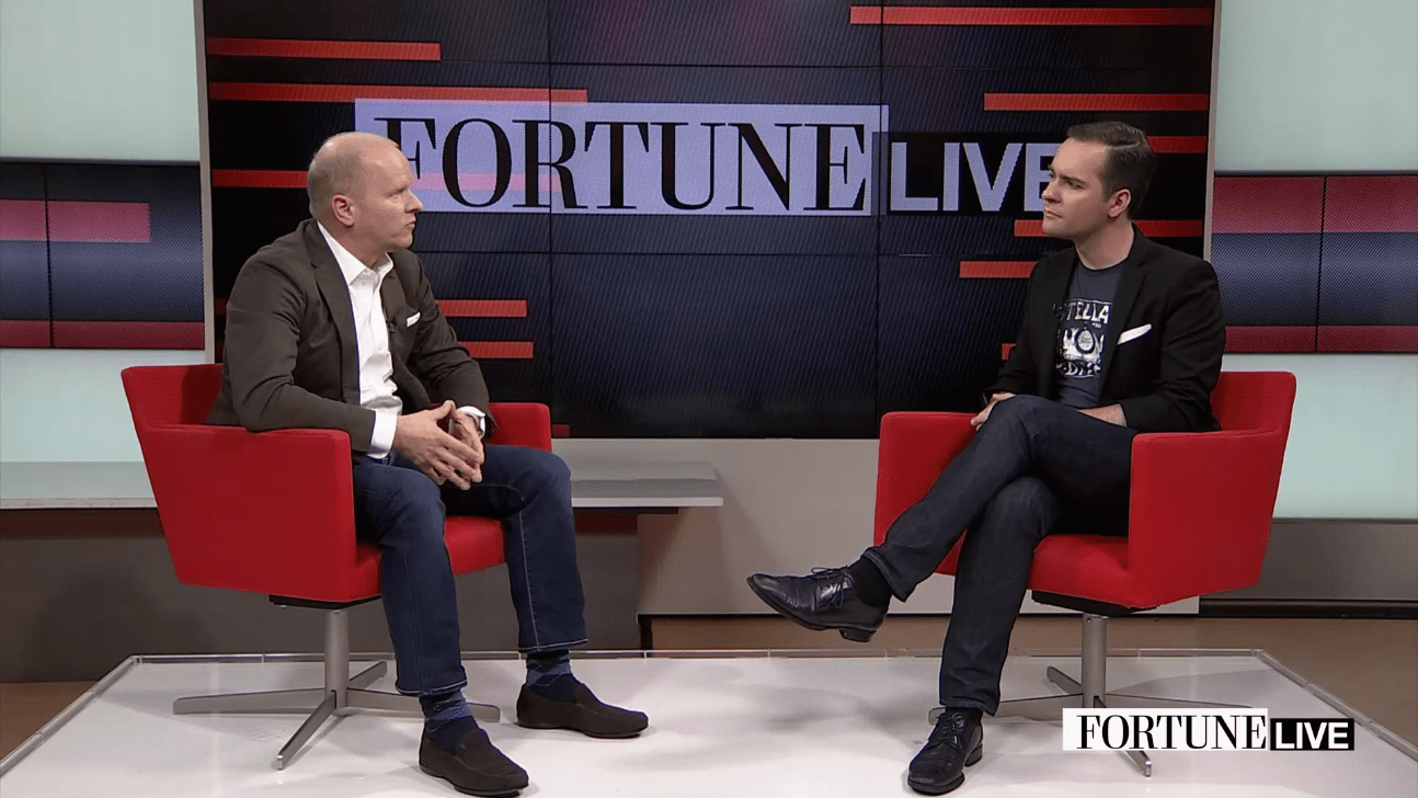 Mastercard chief product officer Michael Miebach and Fortune deputy digital editor Andrew Nusca on Fortune Live in August 2016