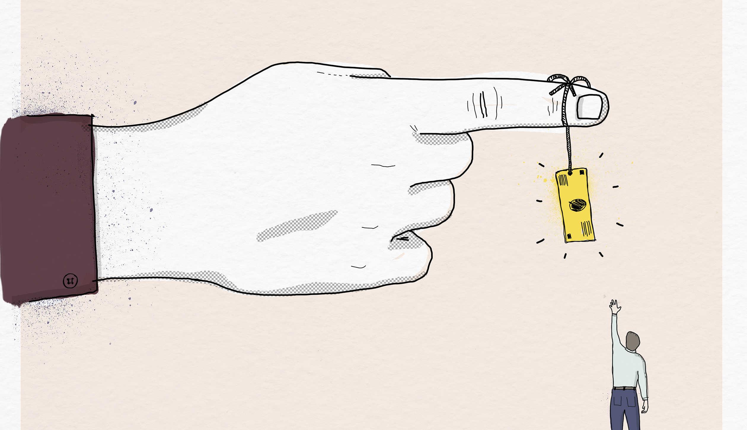 Man reaching for dollar bill hanging on string from large finger