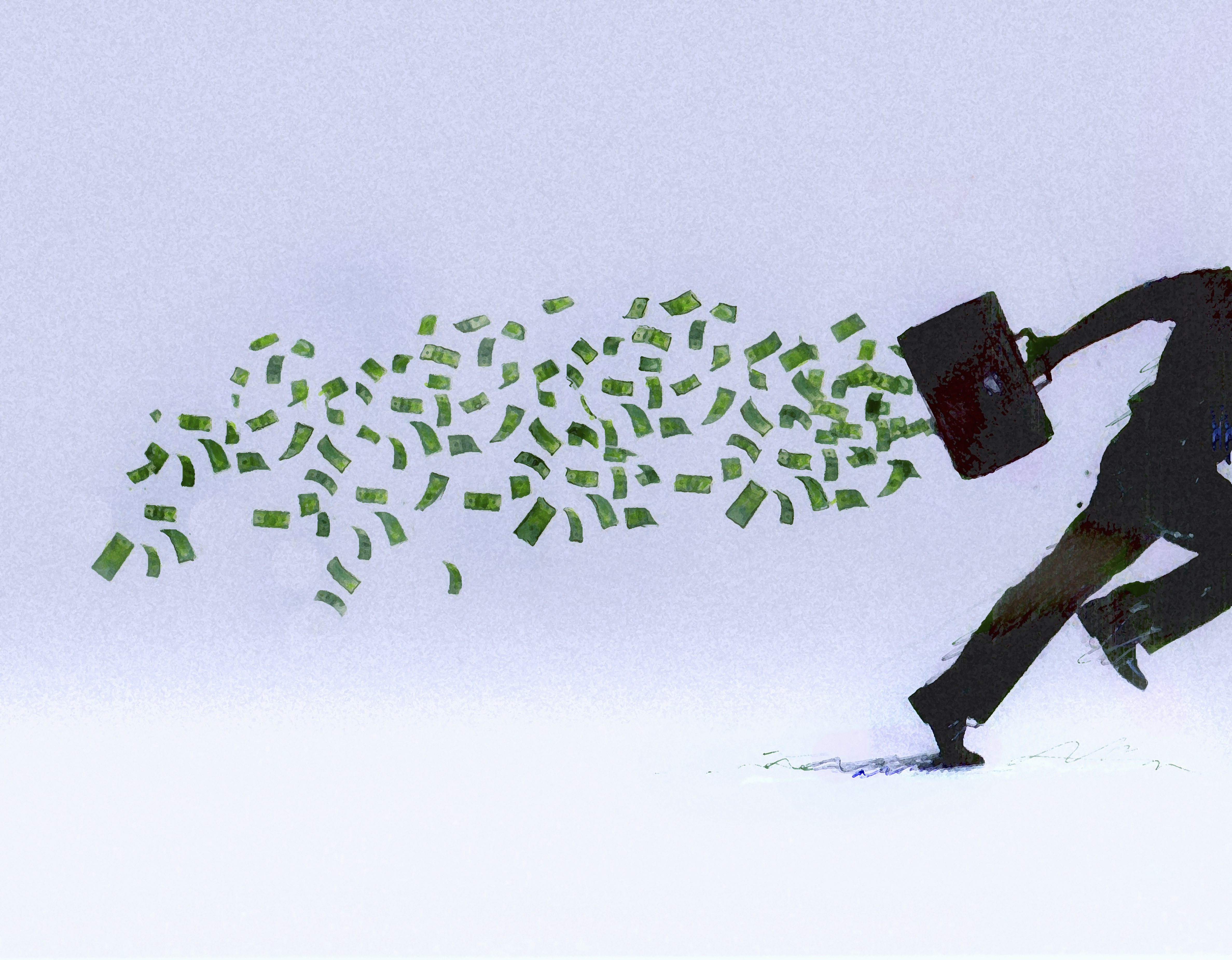 Money falling from briefcase of running businessman