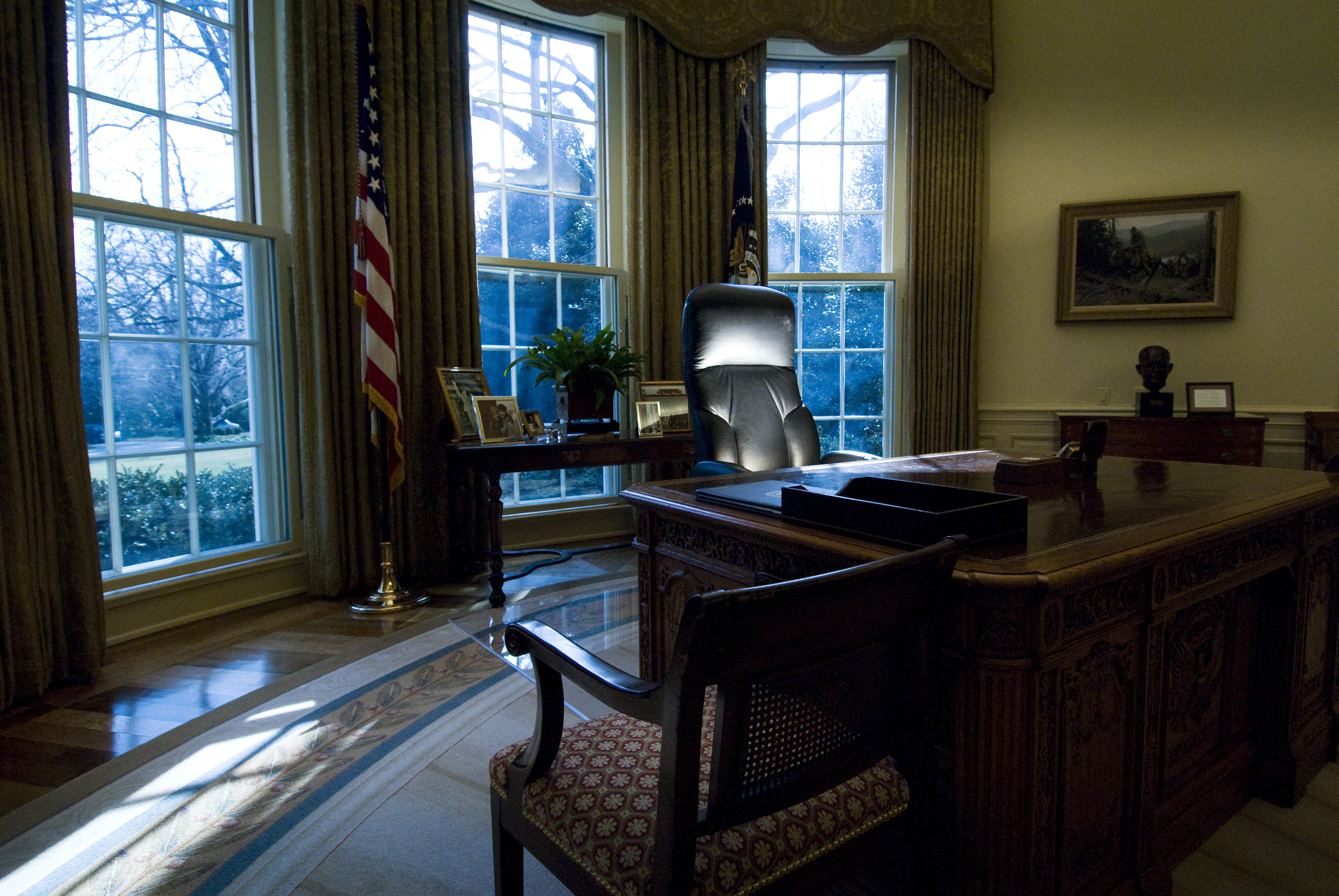 The president's desk, named Resolute, sits in the Oval Office at the White House in Washington