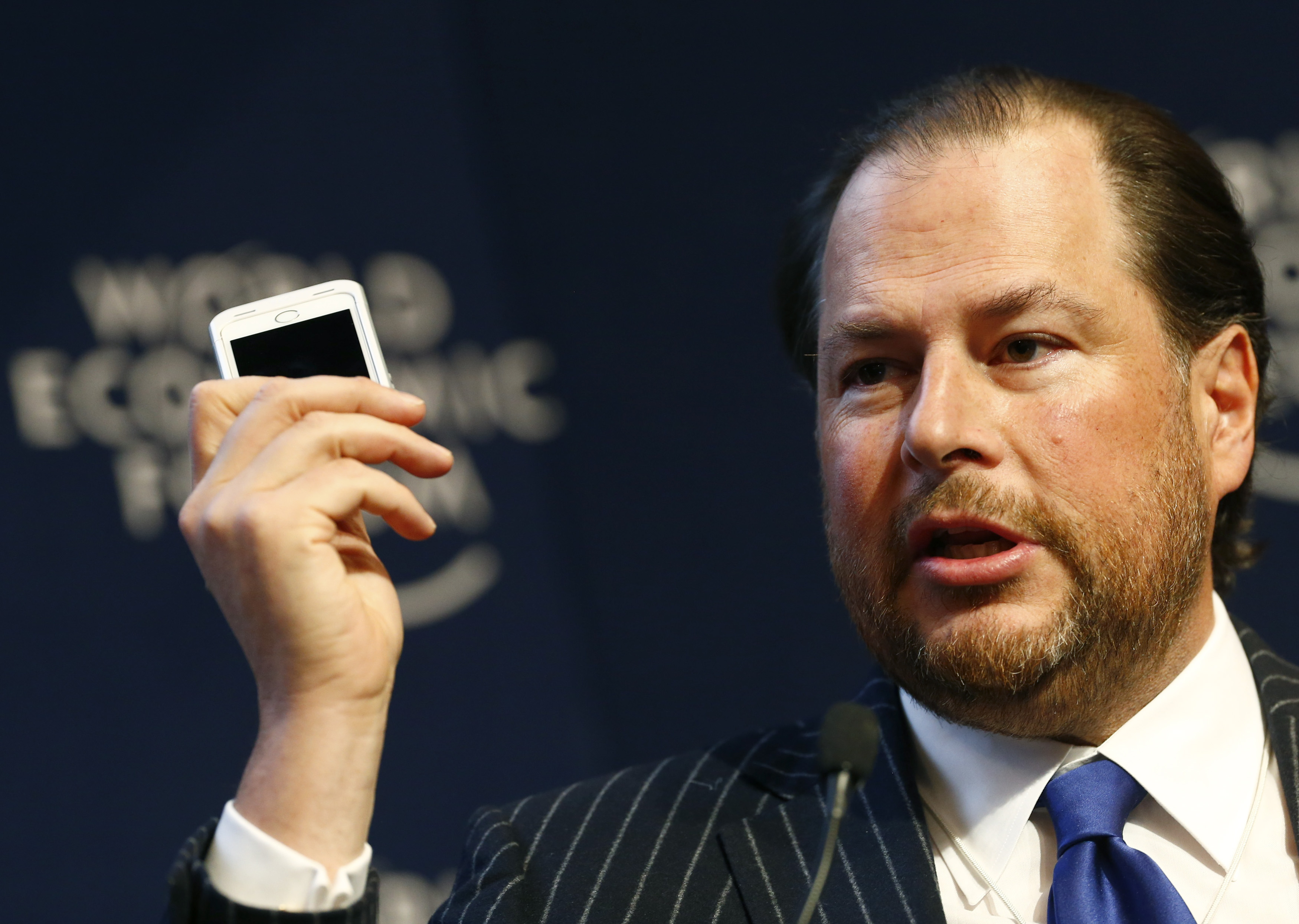 Benioff Chairman and CEO of Salesforce.com speaks during session at World Economic Forum in Davos