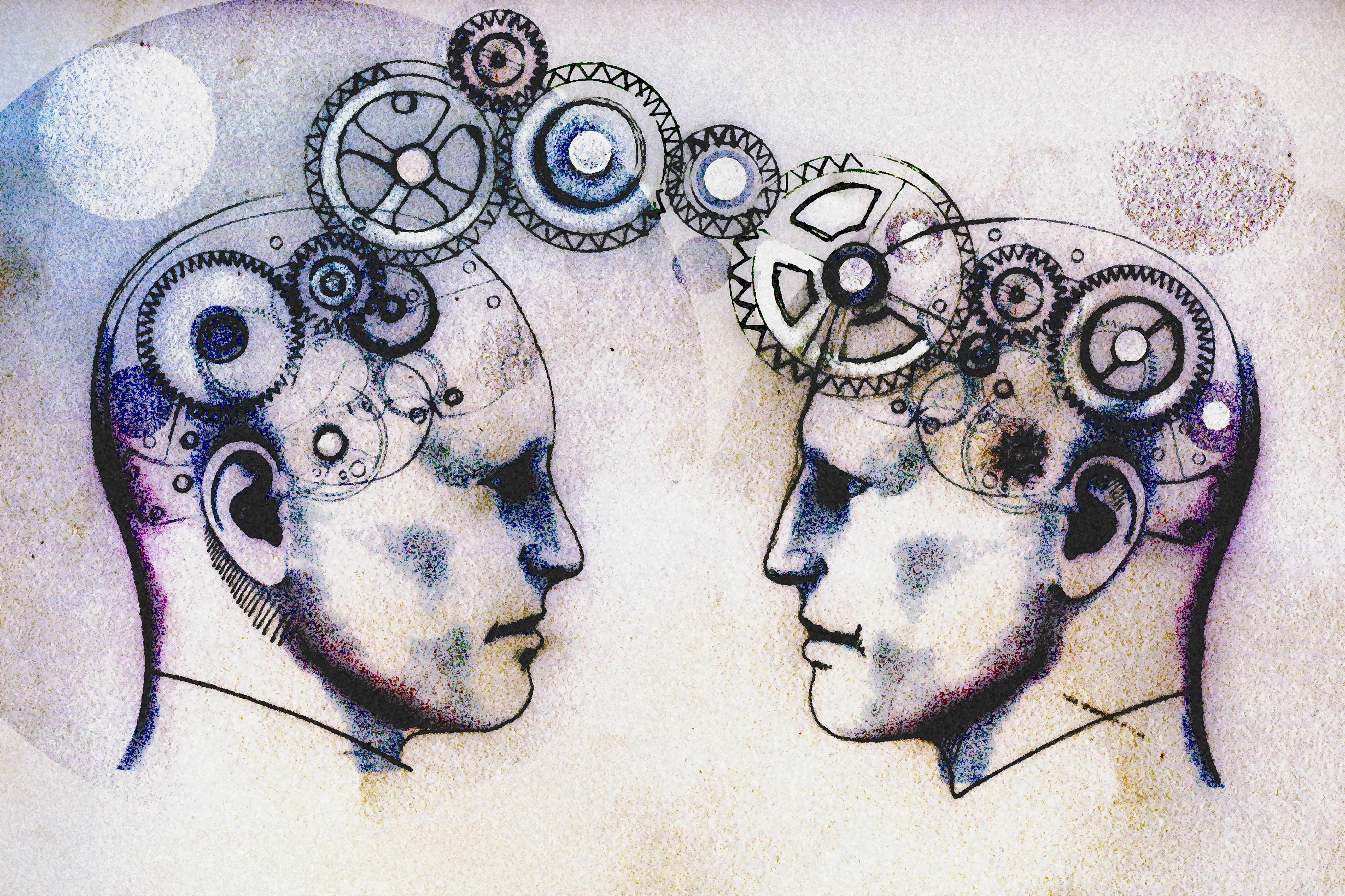 Two men's heads face to face connected by cogs