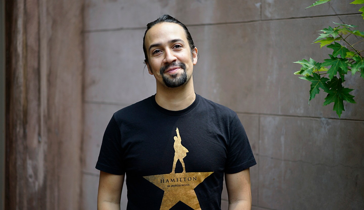 Lin-Manuel Miranda, a Tony Award-winning composer and star of his musical "Hamilton," near the Richard Rodgers Theater in New York.