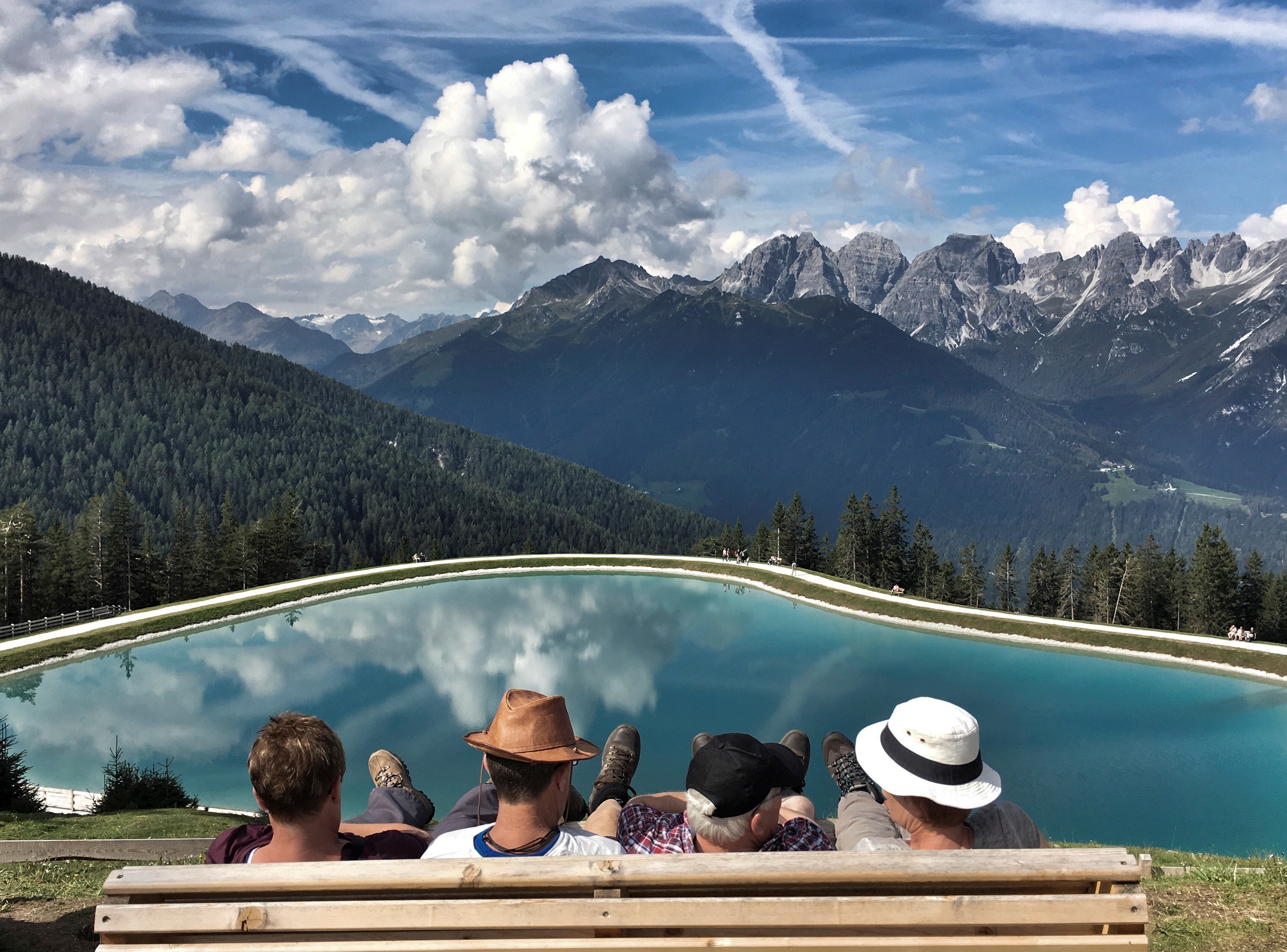 Vacation People enjoy the view from Serles mountain on a sunny autumn day in the western Austrian village of Mieders