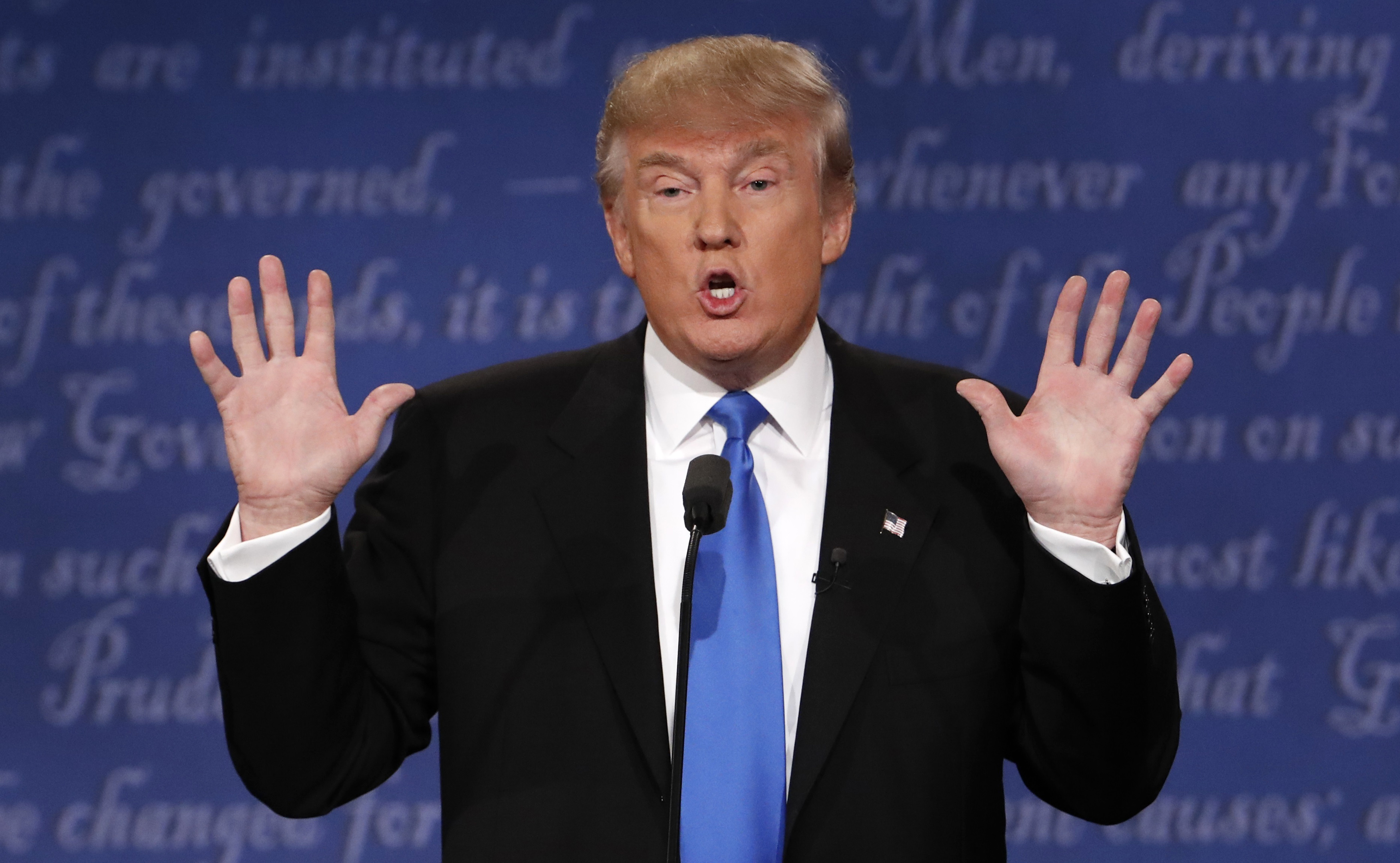 Republican U.S. presidential nominee Donald Trump speaks during the first debate with Democratic U.S. presidential nominee Hillary Clinton at Hofstra University in Hempstead