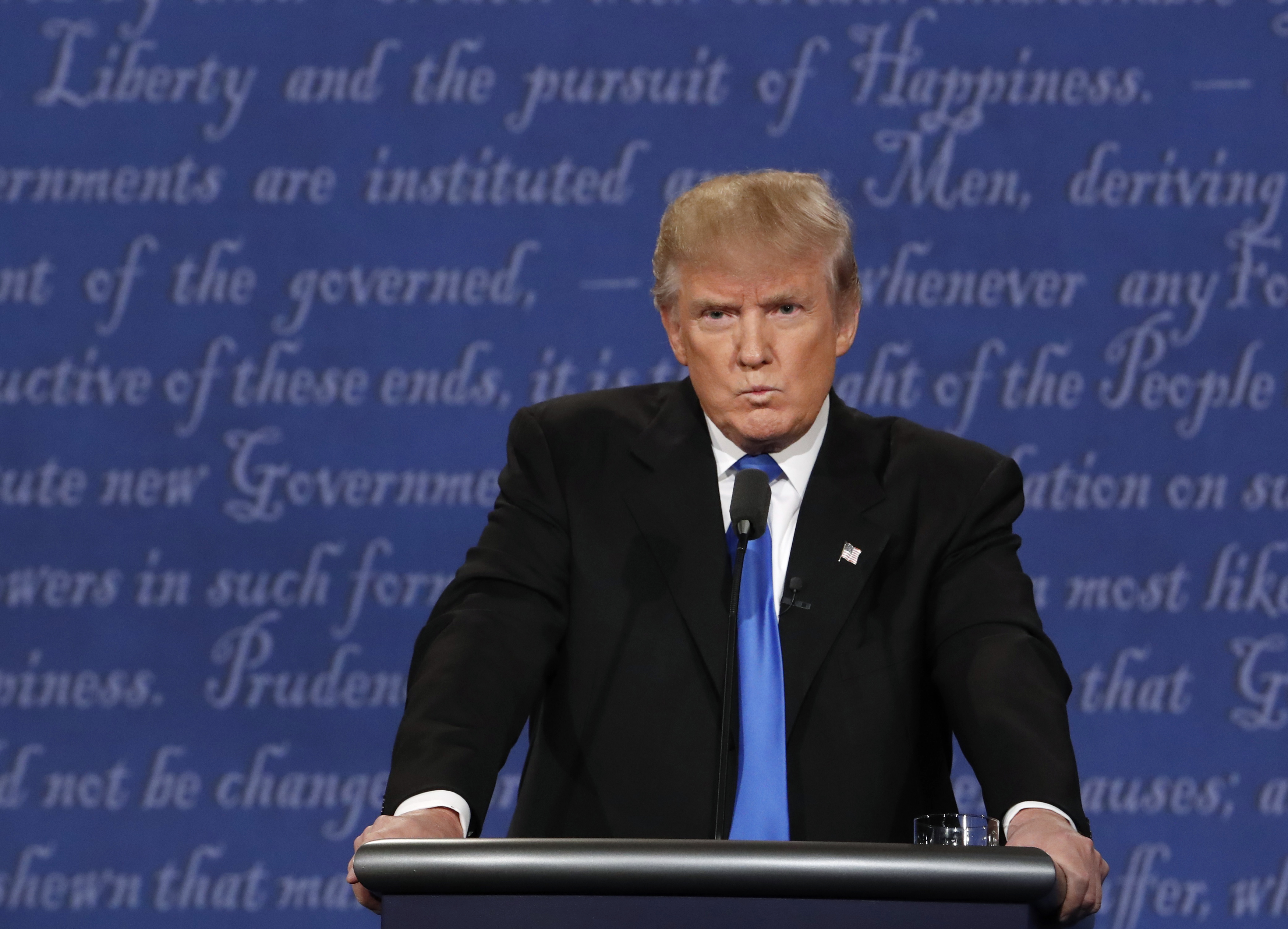 Republican U.S. presidential nominee Donald Trump reacts during first presidential debate at Hofstra University in Hempstead