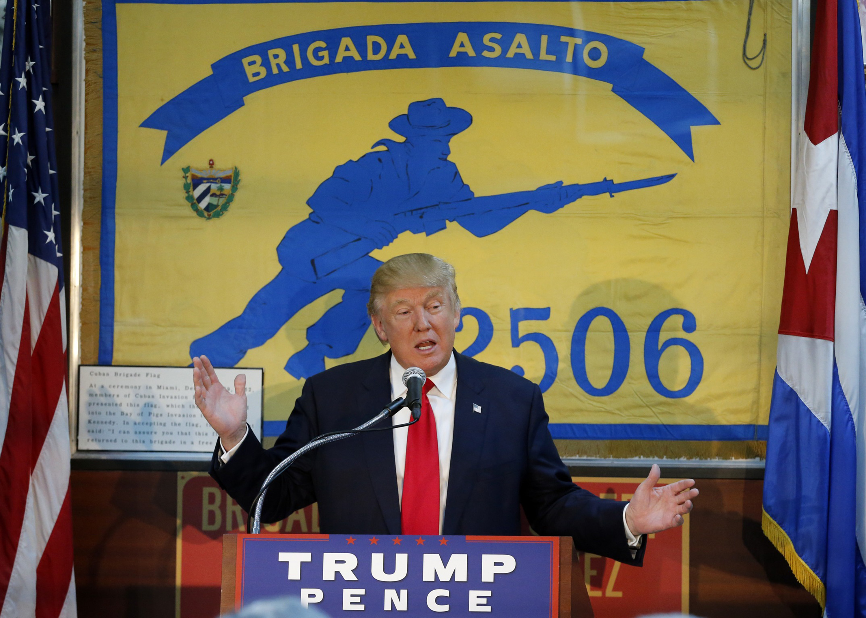 Donald Trump visits the Bay of Pigs museum and addresses Brigade 2506, veterans of the Cuban battle, on Tuesday, Oct. 25, 2016.