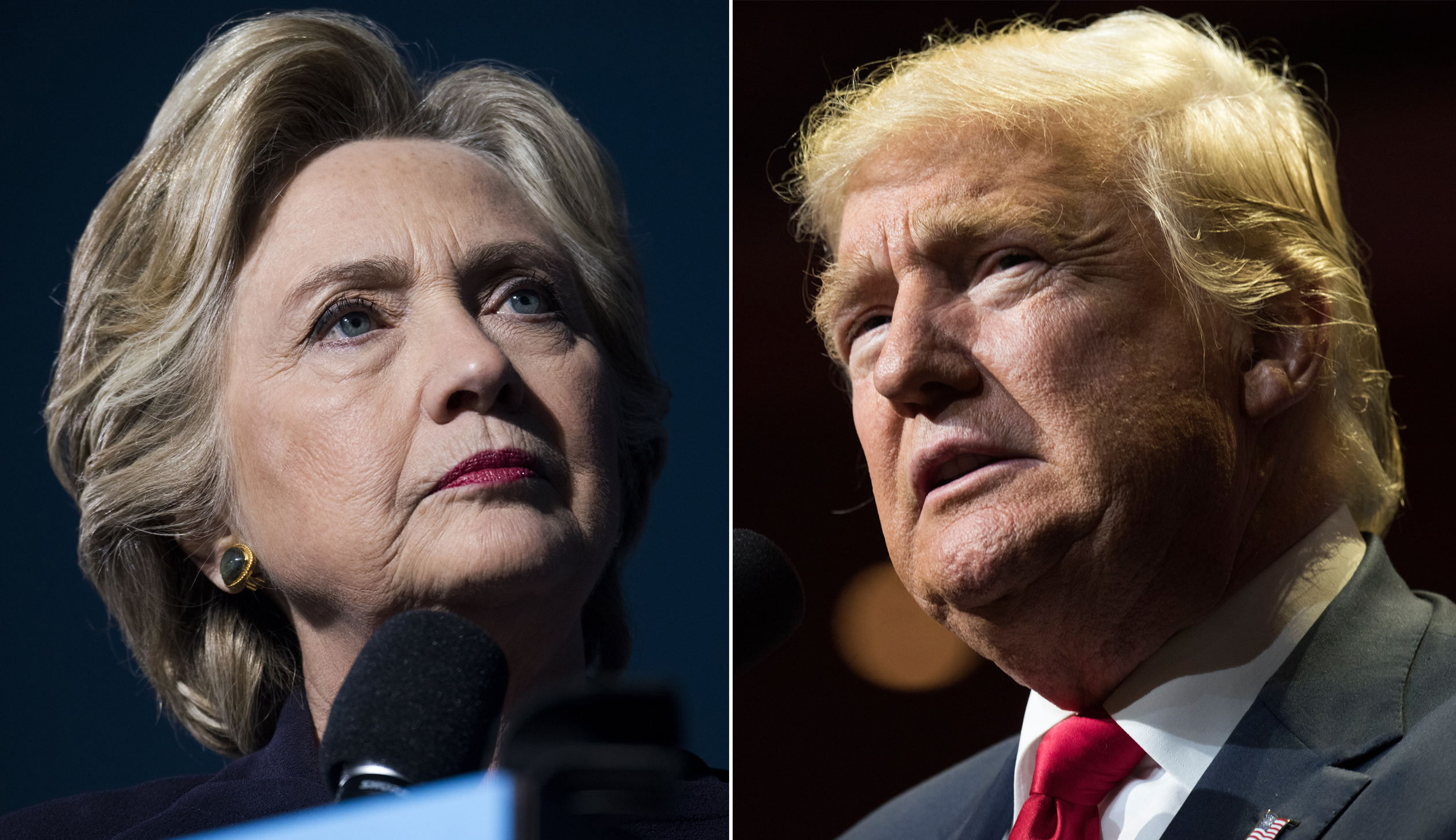 Hillary Clinton, 2016 Democratic presidential nominee, pauses during a speech at a campaign event in Columbus, Ohio, U.S., on Monday, Oct. 10, 2016. Donald Trump speaks to a crowd of attendees at U.S. Bank Arena on October 13, 2016 in Cincinnati, Ohio.