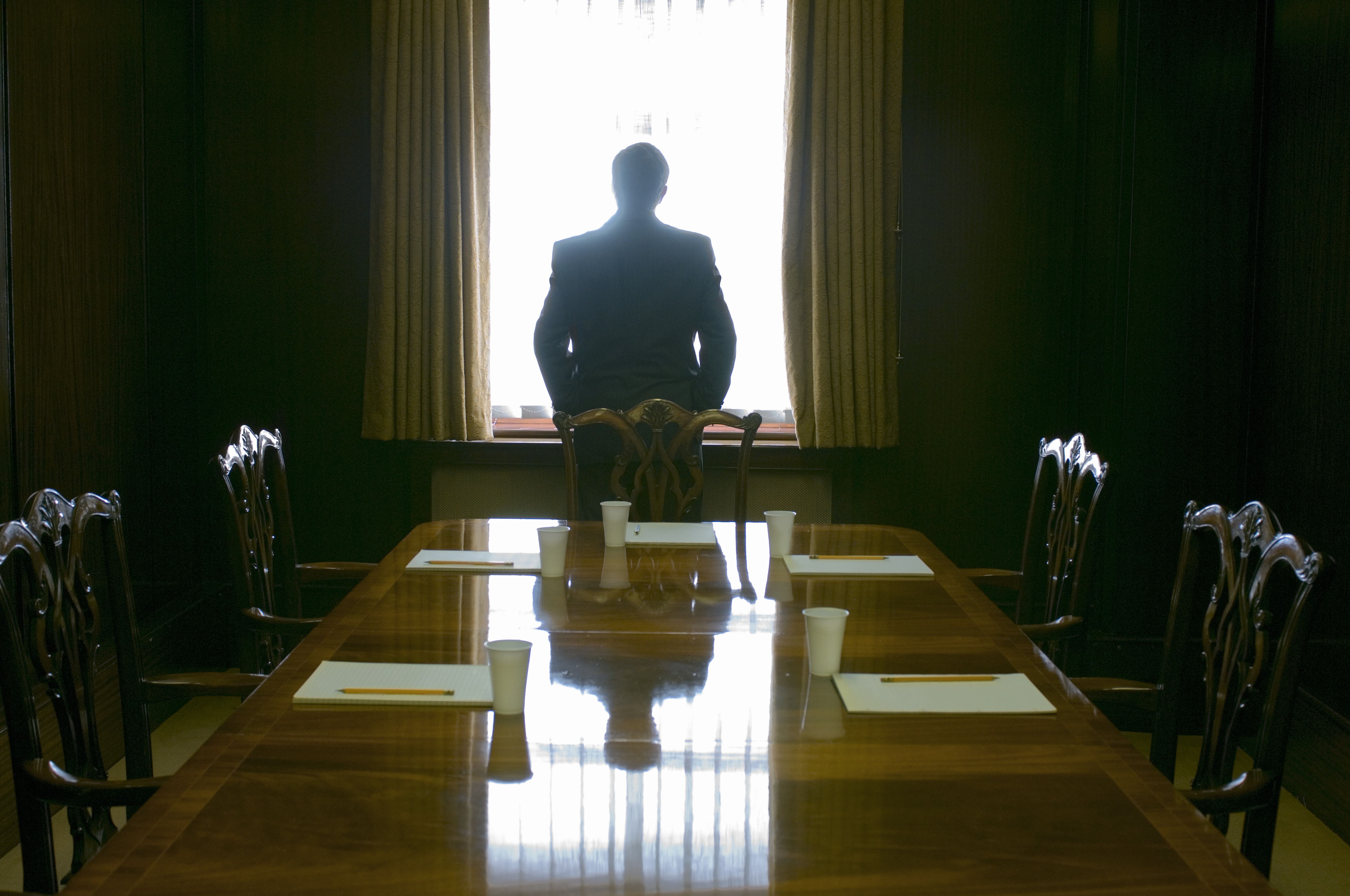 Businessman facing window in meeting room, rear view