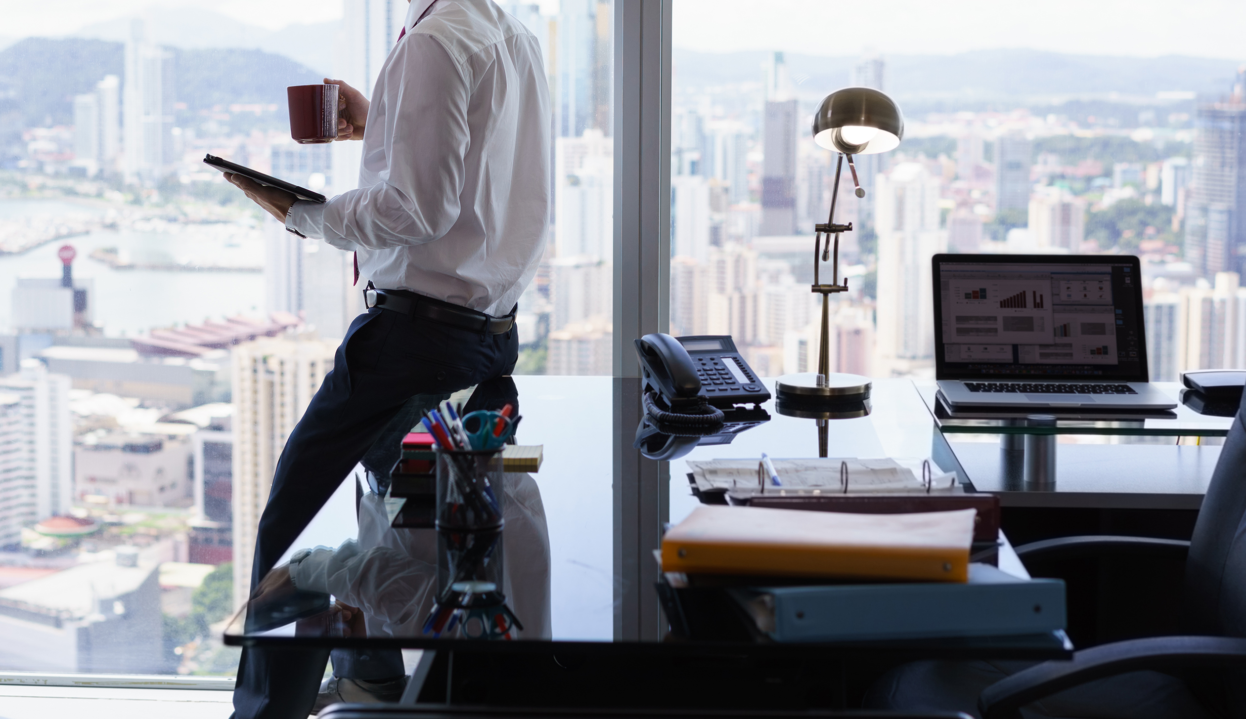 Business Man Reading News Press Review On Tablet PC