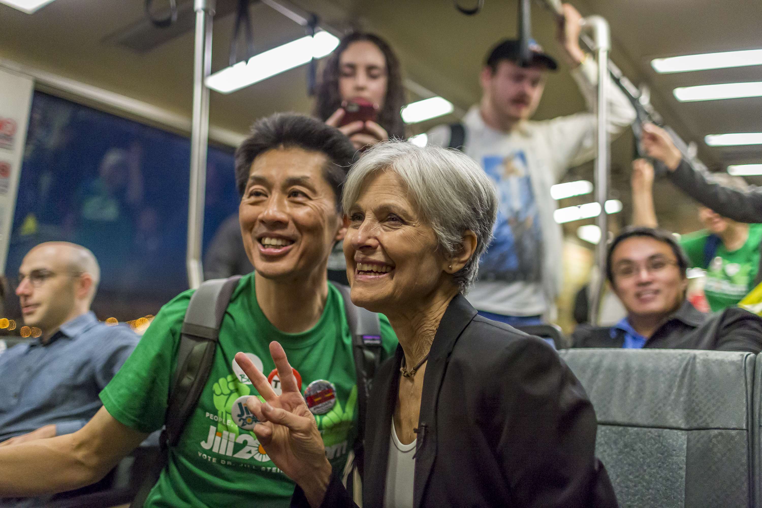 Green party presidential candidate Jill Stein rides the Bart