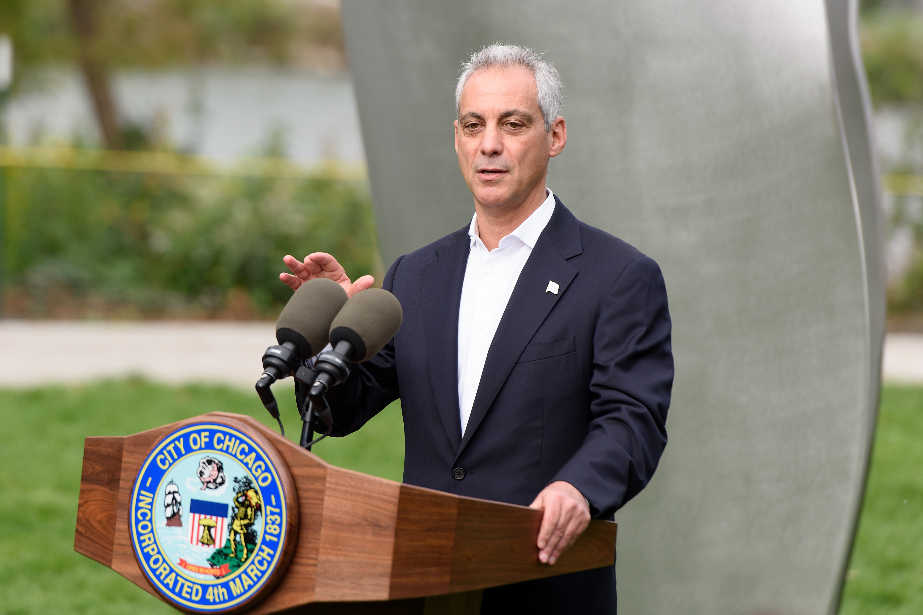 Chicago Mayor Rahm Emanuel attends the Project 120 Skylanding unveiling at Jackson Park in Chicago.