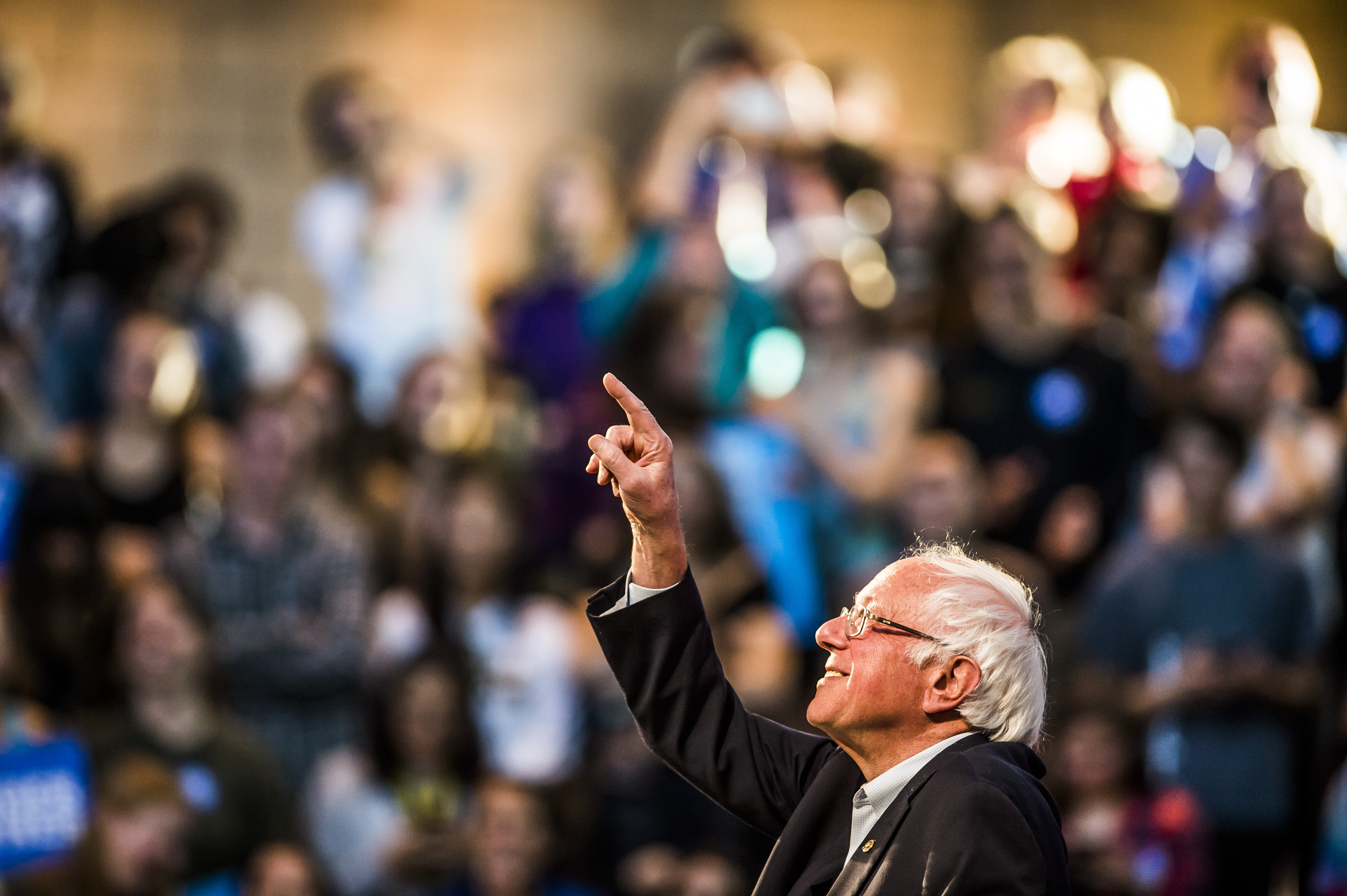 Vermont Sen. Bernie Sanders points to a supporter during a Get Out the Vote rally at Colorado College on Saturday, Nov. 5, 2016.