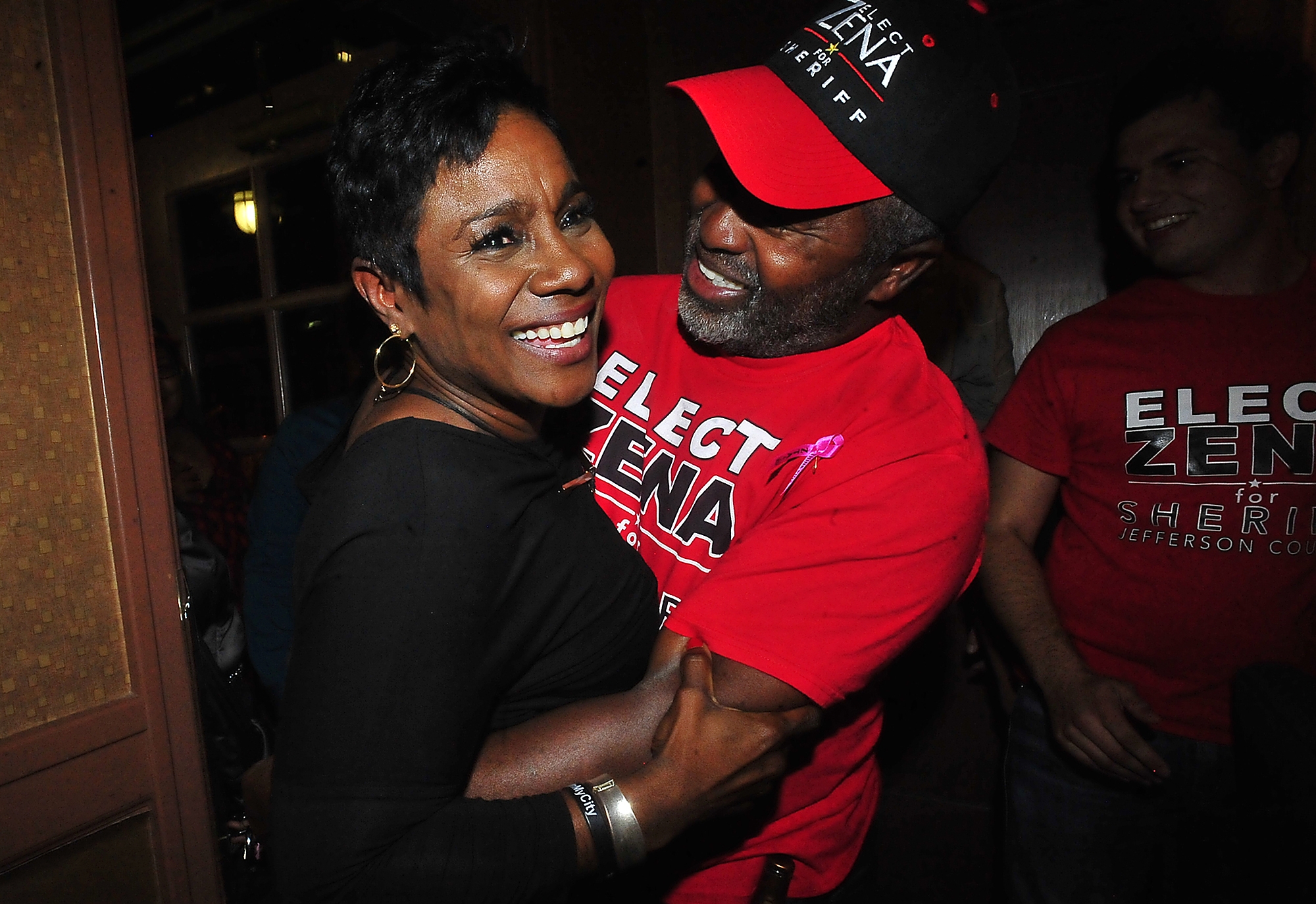 FILE - In this Nov. 8, 2016 file photo, Zena Stephens,is surrounded by supporters while celebrating her election win over Republican Ray Beck for sheriff in Beaumont, Texas on Tuesday, Nov. 8, 2016. When Stephens takes office on Jan. 1, she will join Vanessa Crawford in Petersburg, Va., as the only black female sheriffs in the U.S., according to the National Sheriffs Association. (Kim Brent/The Enterprise via AP)