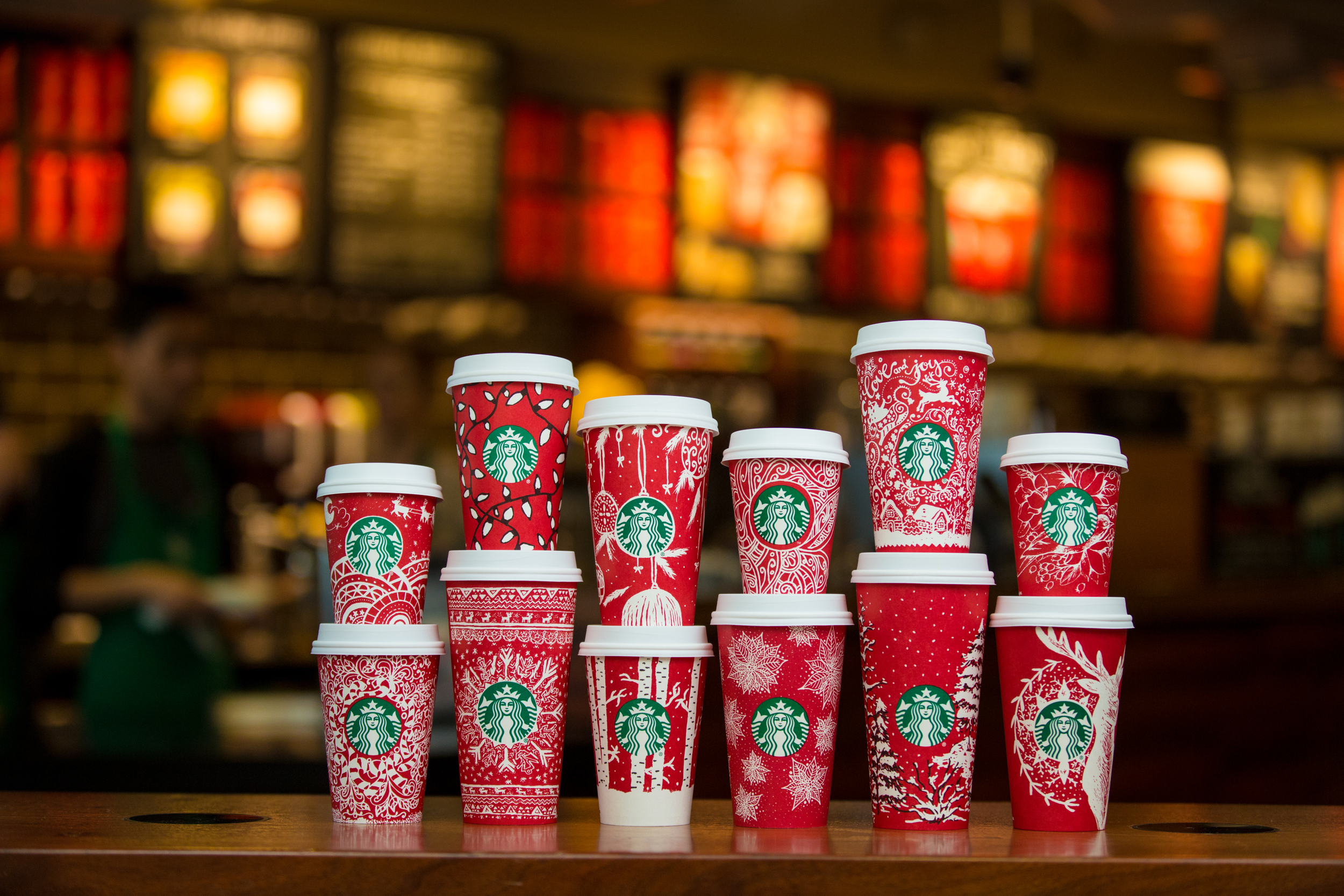 Starbucks red holiday cups photographed on November 9, 2016. (Joshua Trujillo, Starbucks)