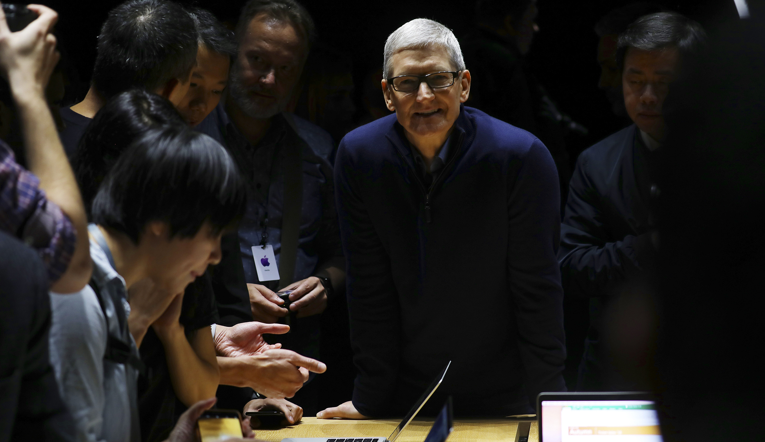 Tim Cook, the chief executive of Apple, in a demonstration area during the unveiling of the new MacBook Pro at Apple headquarters in Cupertino, Calif.