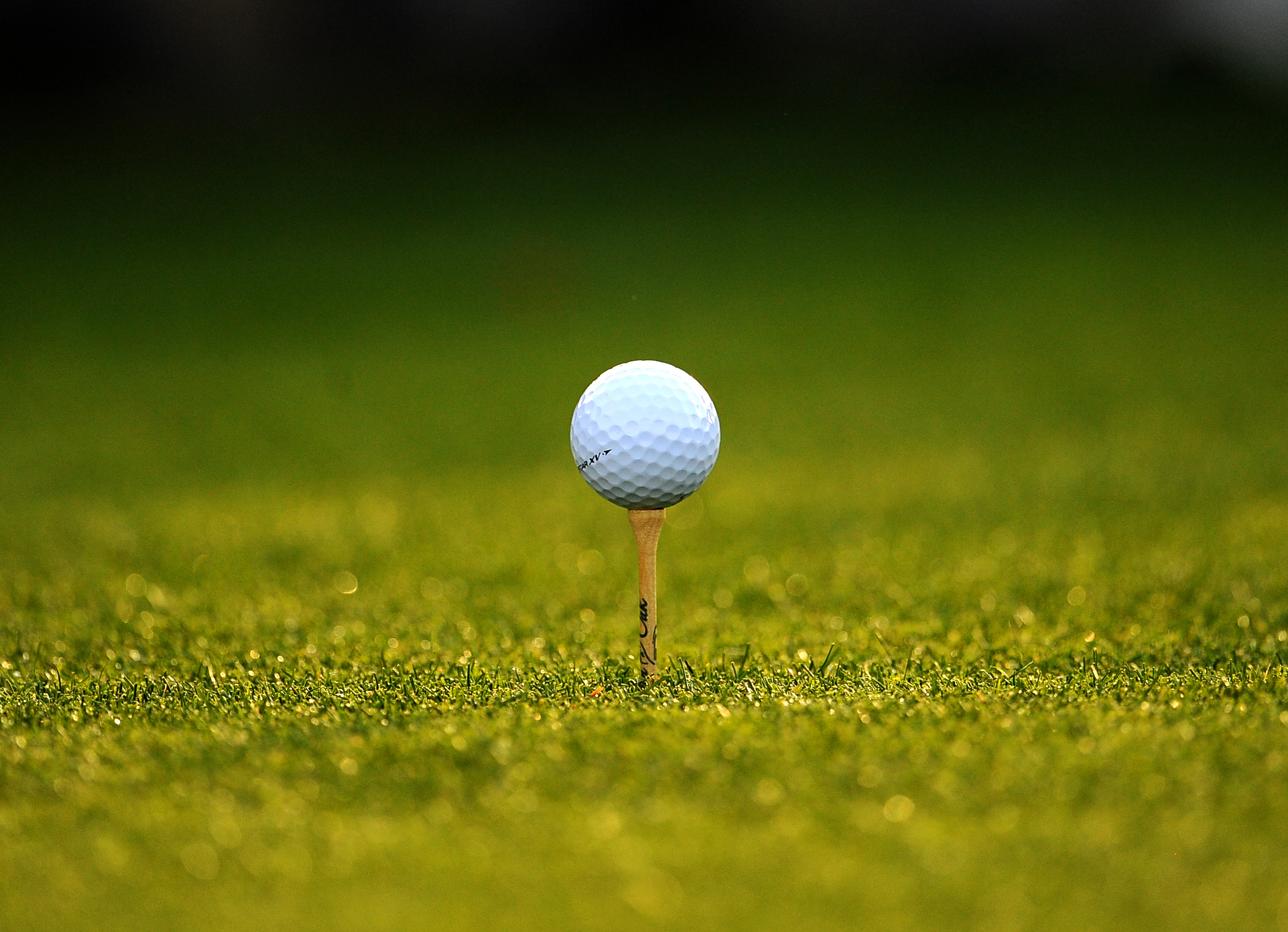 A golf ball sits on a tee during the second round of the Masters golf tournament at Augusta National Golf.