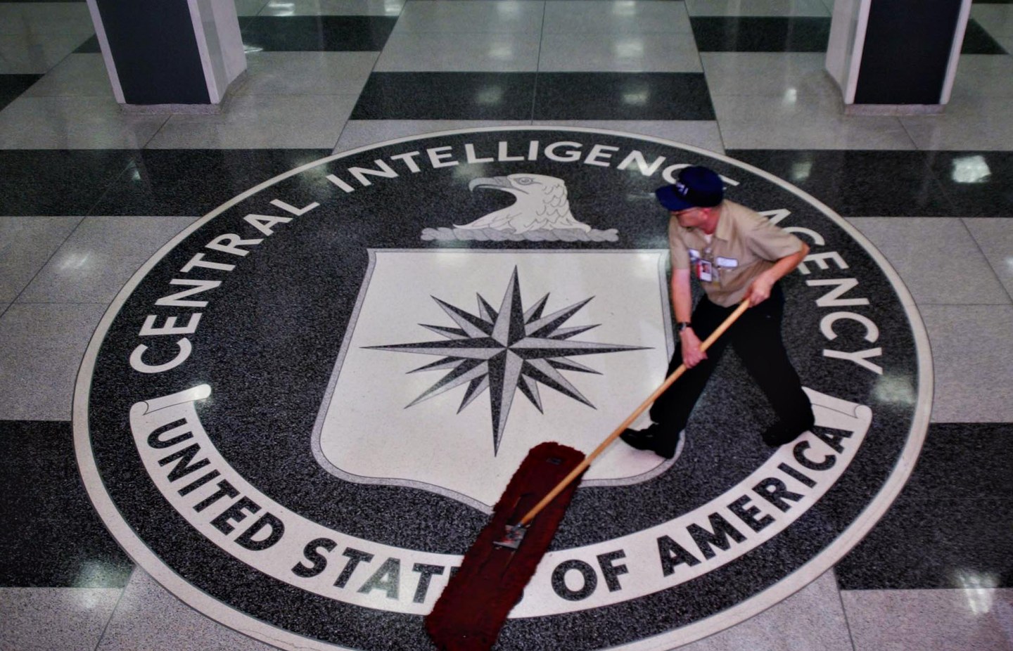 A worker at a Central Intelligence Agency headquarters clean