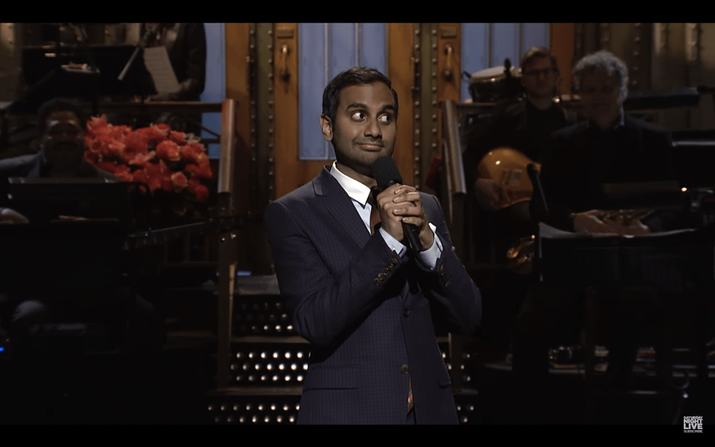 Comedian Aziz Ansari on Saturday Night Live, 21 January 2017