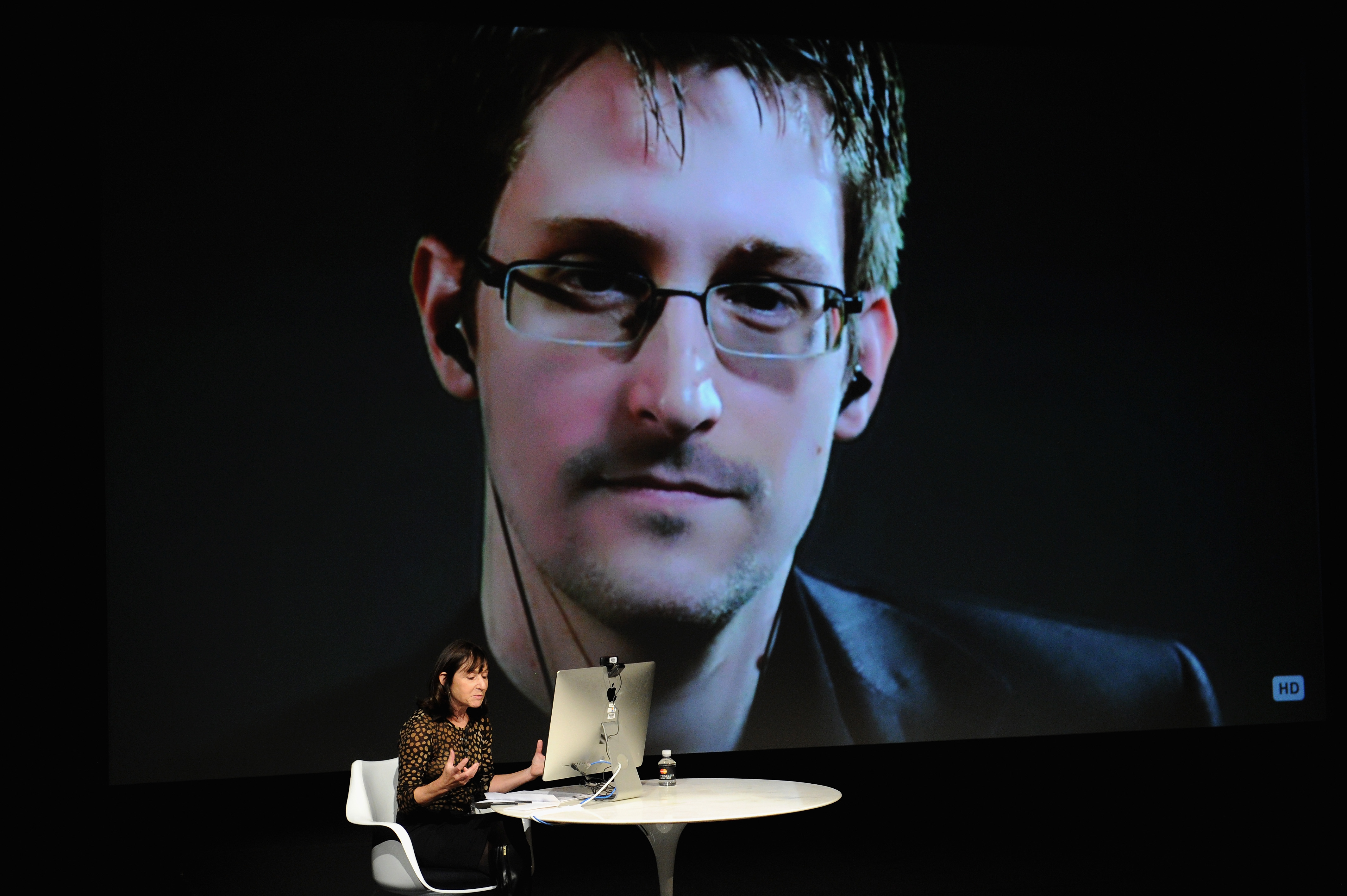 General view of atmosphere at the Edward Snowden Interviewed by Jane Mayer at the MasterCard stage at SVA Theatre during The New Yorker Festival 2014 on October 11, 2014 in New York City.