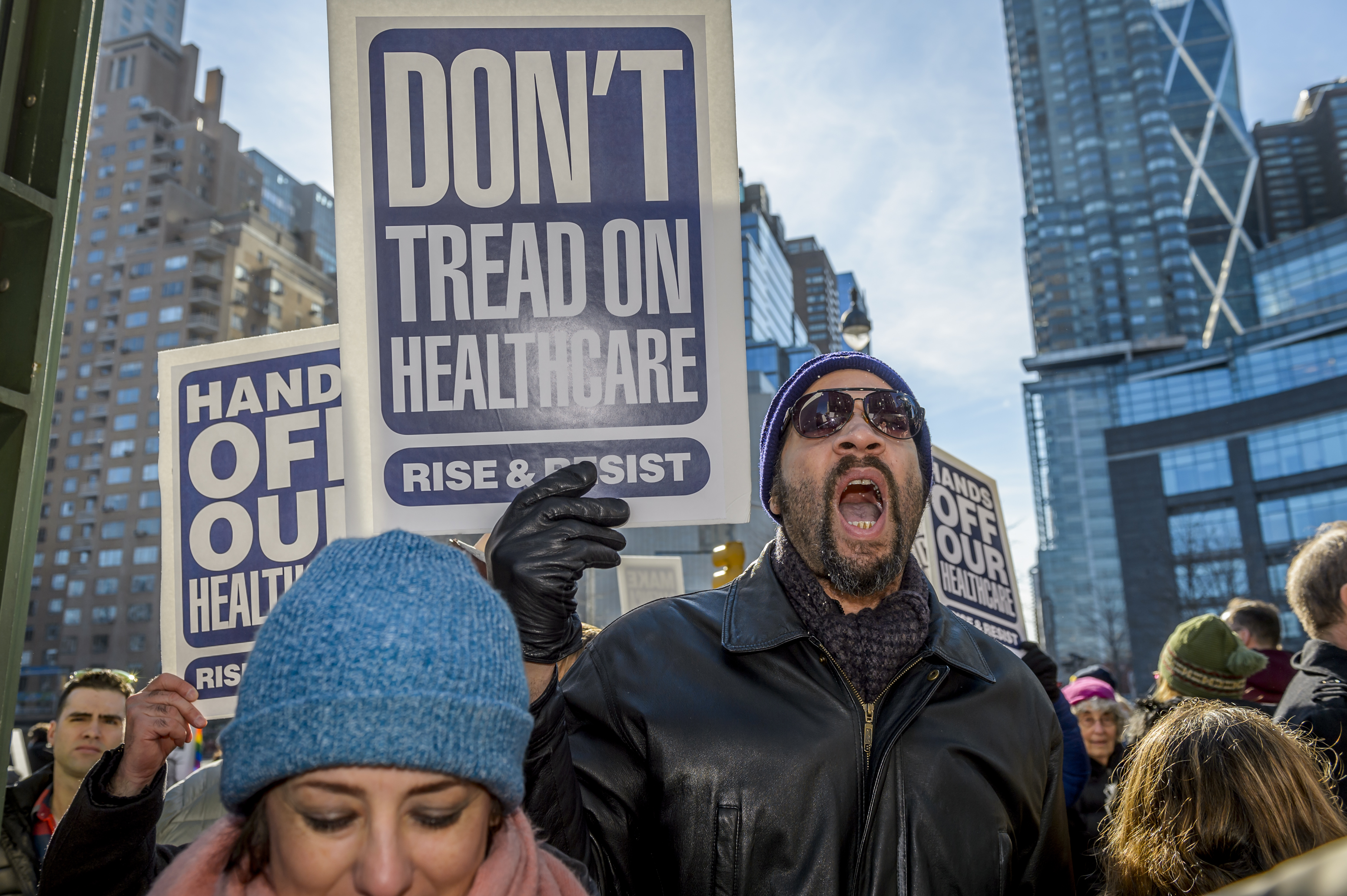 Hundreds of activists protest.