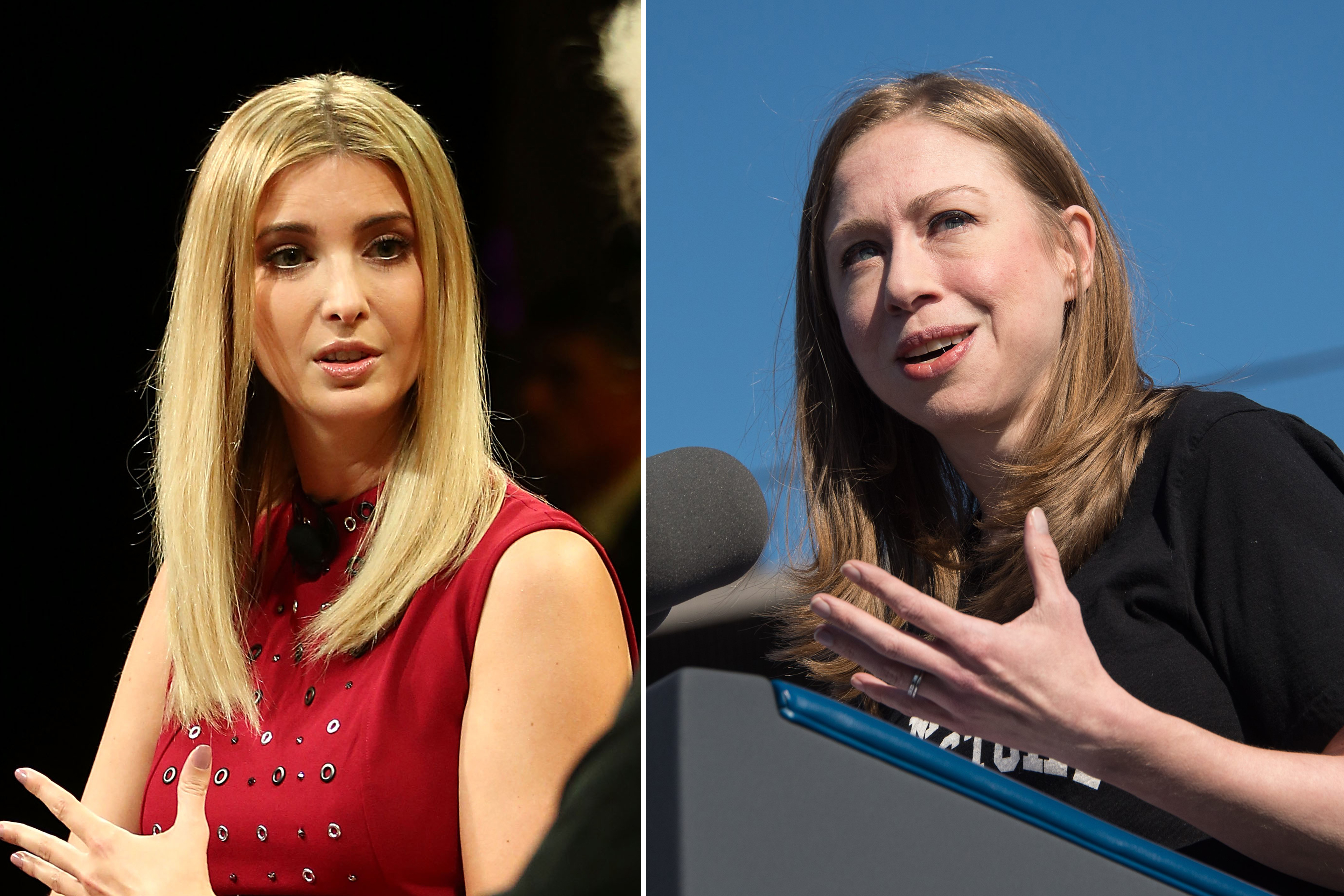 Ivanka Trump and Nancy Gibbs speak onstage at the Fortune Most Powerful Women Summit 2016 at Ritz-Carlton Laguna Niguel on October 19, 2016 in Dana Point, California.
Chelsea Clinton introduces US President Barack Obama at a rally for Democratic presidential nominee Hillary Clinton in Ann Arbor, Michigan, on November 7, 2016.