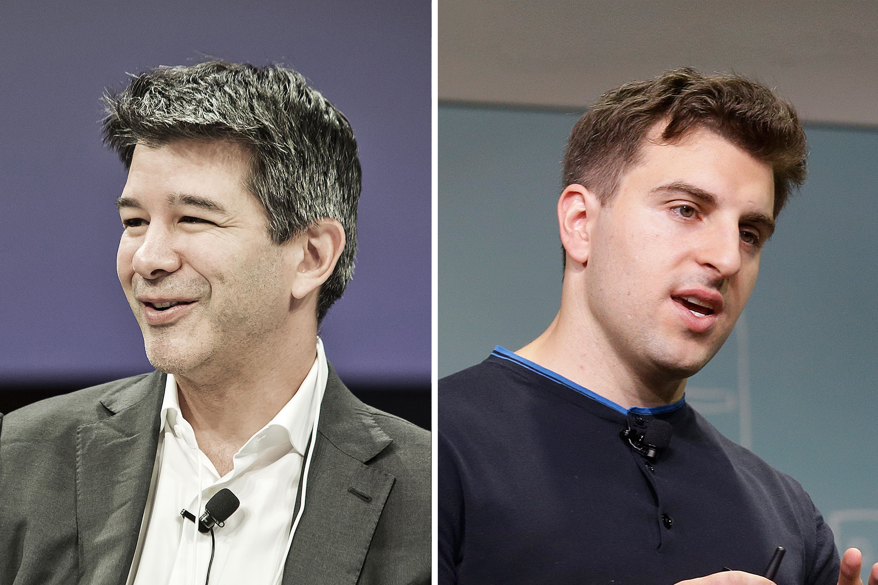 Airbnb co-founder and CEO Brian Chesky speaks during an announcement in San Francisco, Tuesday, April 19, 2016.

Billionaire Travis Kalanick, chief executive officer of Uber Technologies Inc., speaks during a session at the World Economic Forum (WEF) Annual Meeting of the New Champions in Tianjin, China, on Monday, June 27, 2016.