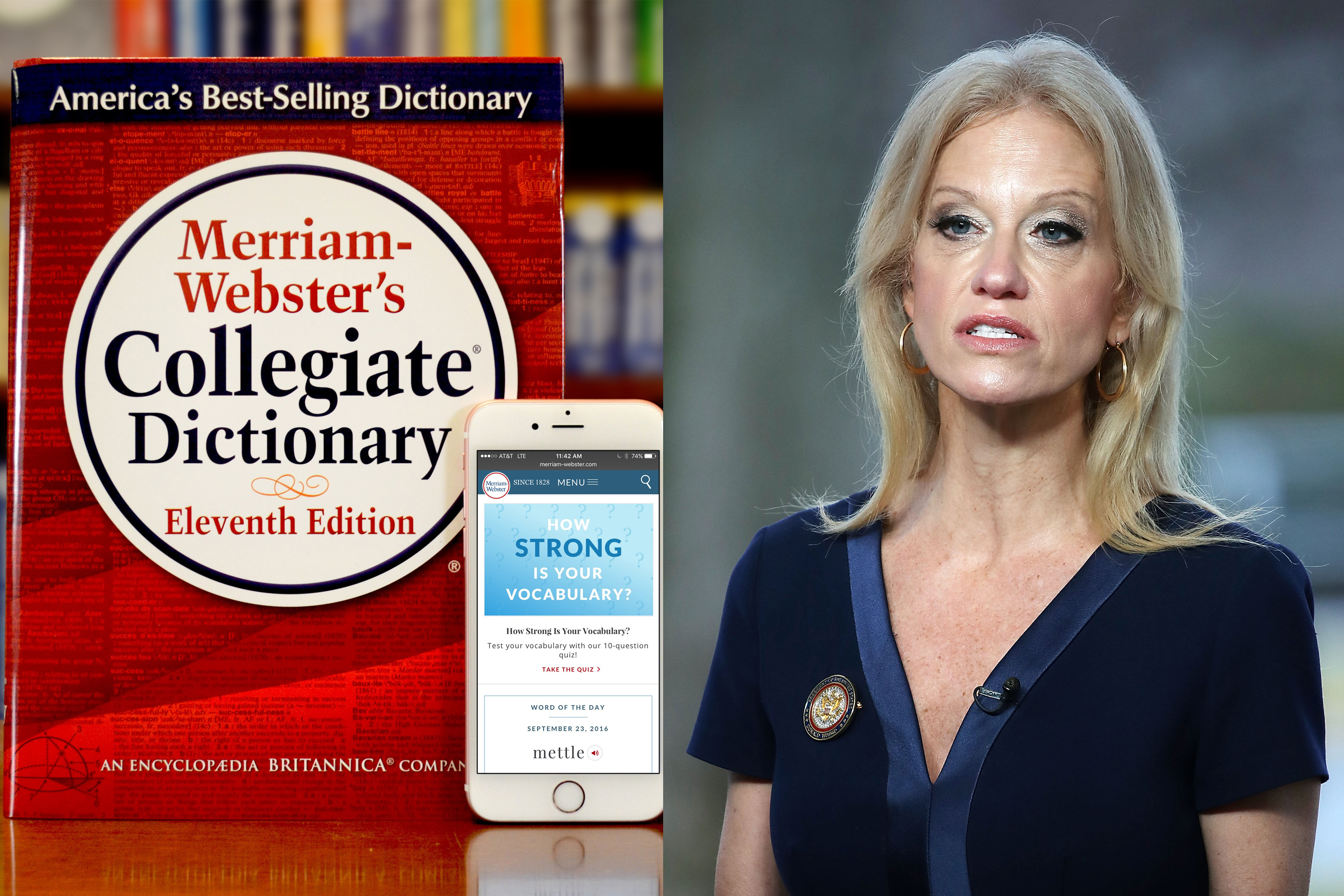 In this handout image provided by Merriam-Webster, Merriam-Webster's Collegiate Dictionary and mobile website are displayed September 23, 2016 in Springfield, Massachusetts.
Counselor to President, Kellyanne Conway, appears on the Sunday morning show This Week with George Stephanopoulos, from the north lawn at the White House, January 22, 2017 in Washington, DC. Conway discussed President Trump's recent visit to the CIA and White House Press Secretary Sean Spicer's first statement.
