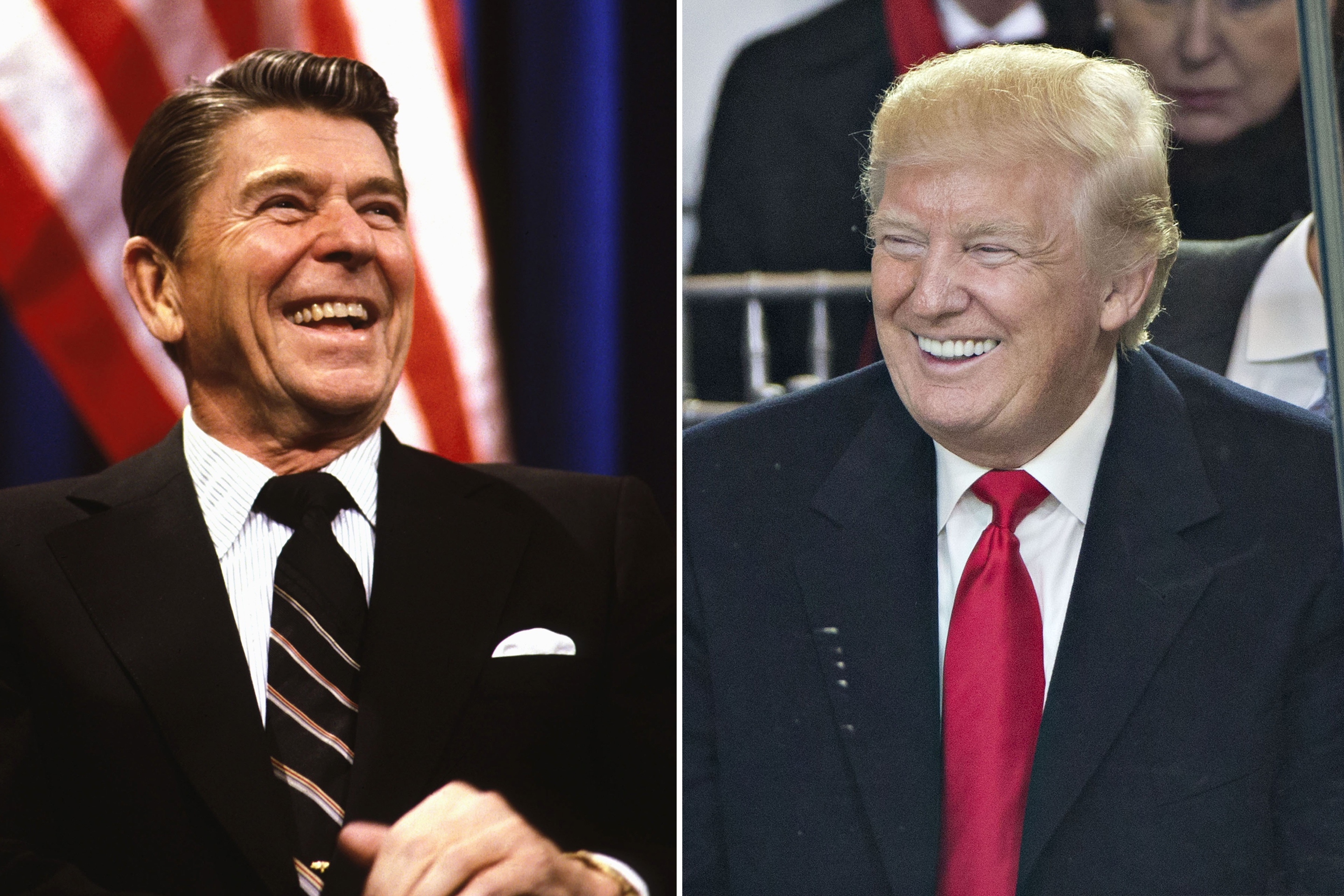 President Ronald Reagan attends an event on April 6, 1983 in Washington, D.C.
President Donald Trump
laughs in the presidential review stand outside the White House during the 58th presidential inauguration parade in Washington, D.C., U.S., on Friday, Jan. 20, 2017.