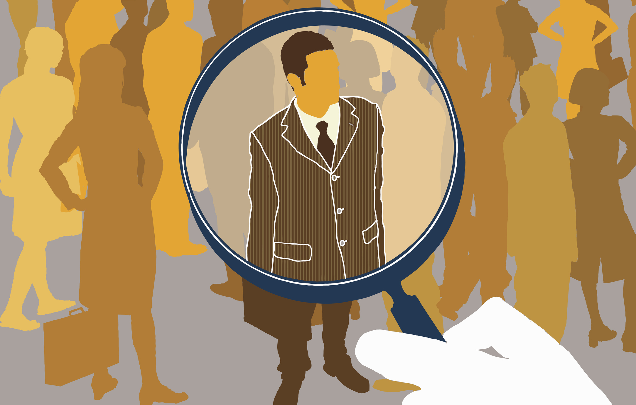 Hand holding magnifying glass over businessman