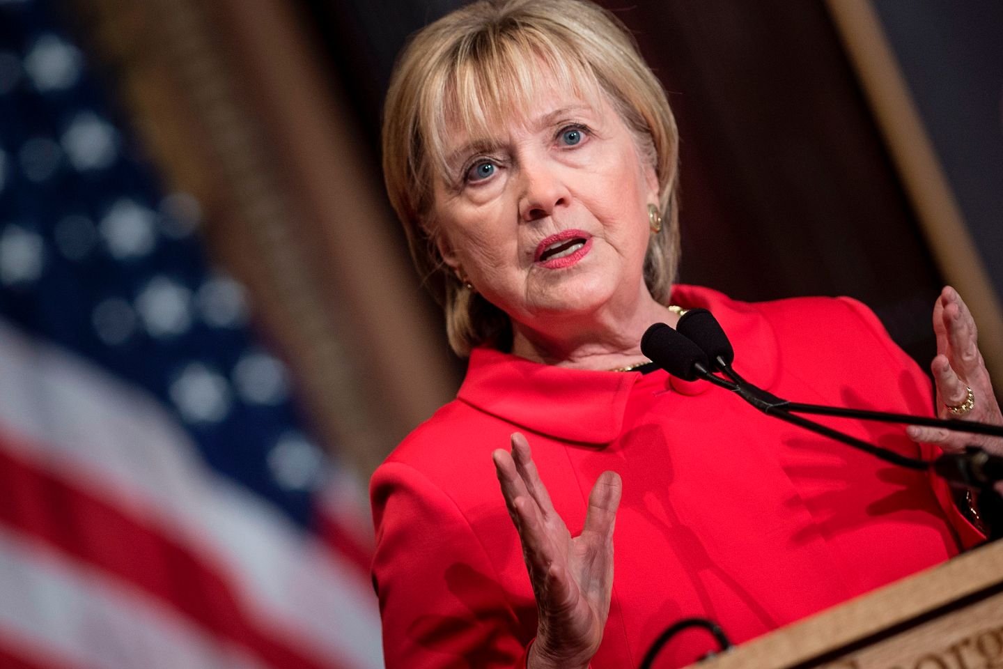 Former US Secretary of State Hillary Clinton speaks during an awards ceremony for the Georgetown Institute for Women at Georgetown University on March 31, 2017 in Washington, DC.