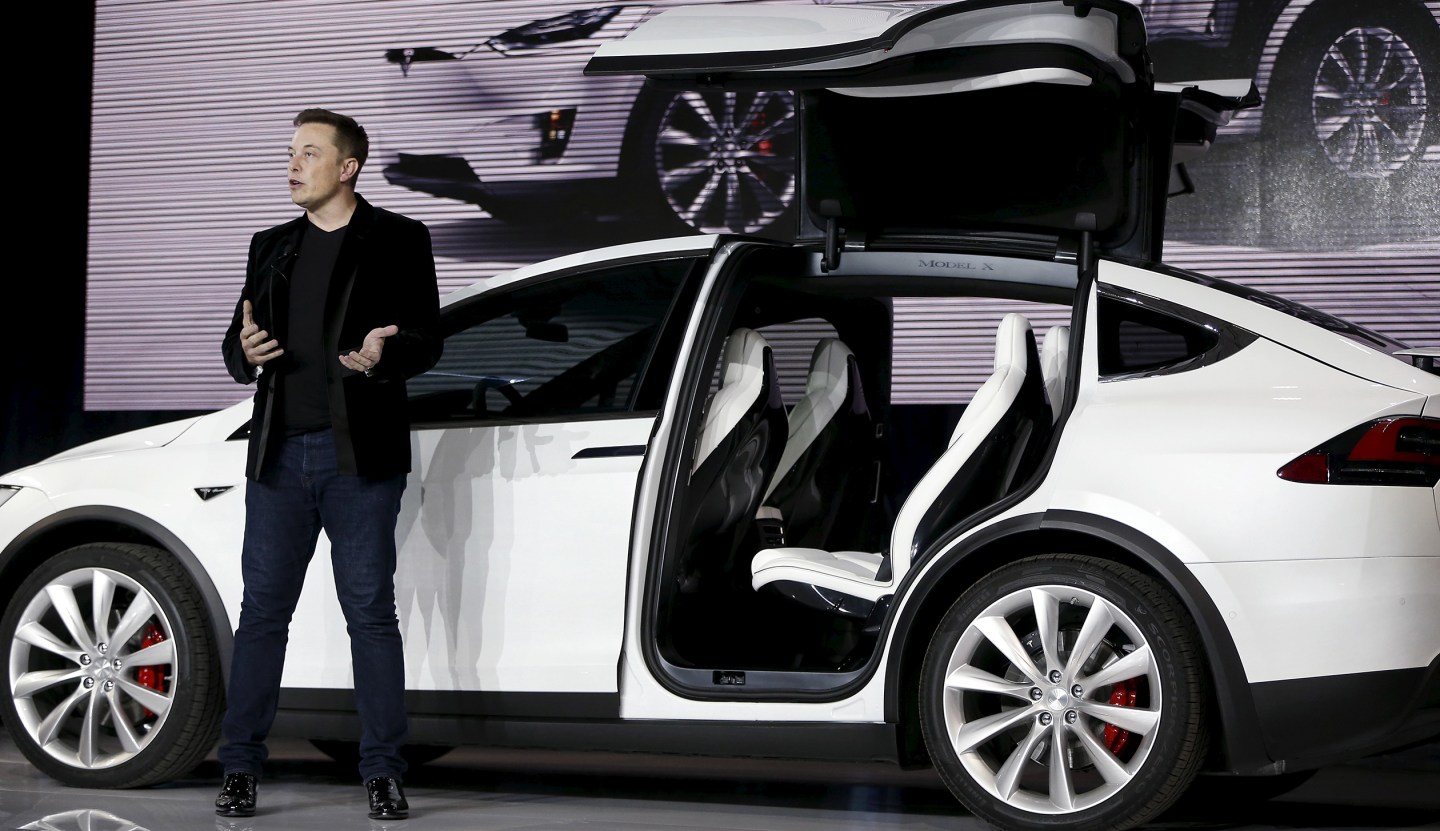 Tesla Motors CEO Elon Musk introduces the Model X electric sports-utility vehicles during a presentation in Fremont, California