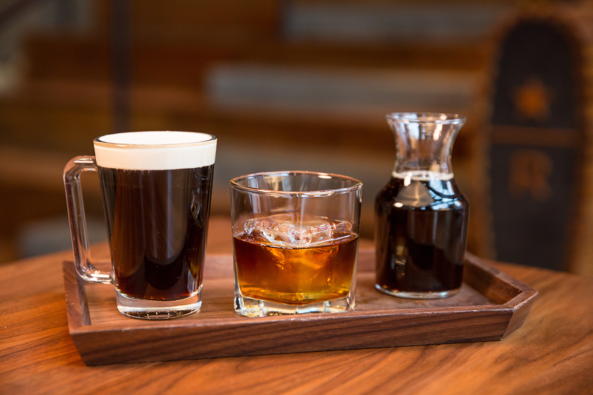Barrel Aged Con Crema and Barrel Aged Cold Brew with Starbucks Whiskey Barrel-Aged Sulawesi photographed at the Starbucks Reserve Roastery on March 2, 2017.