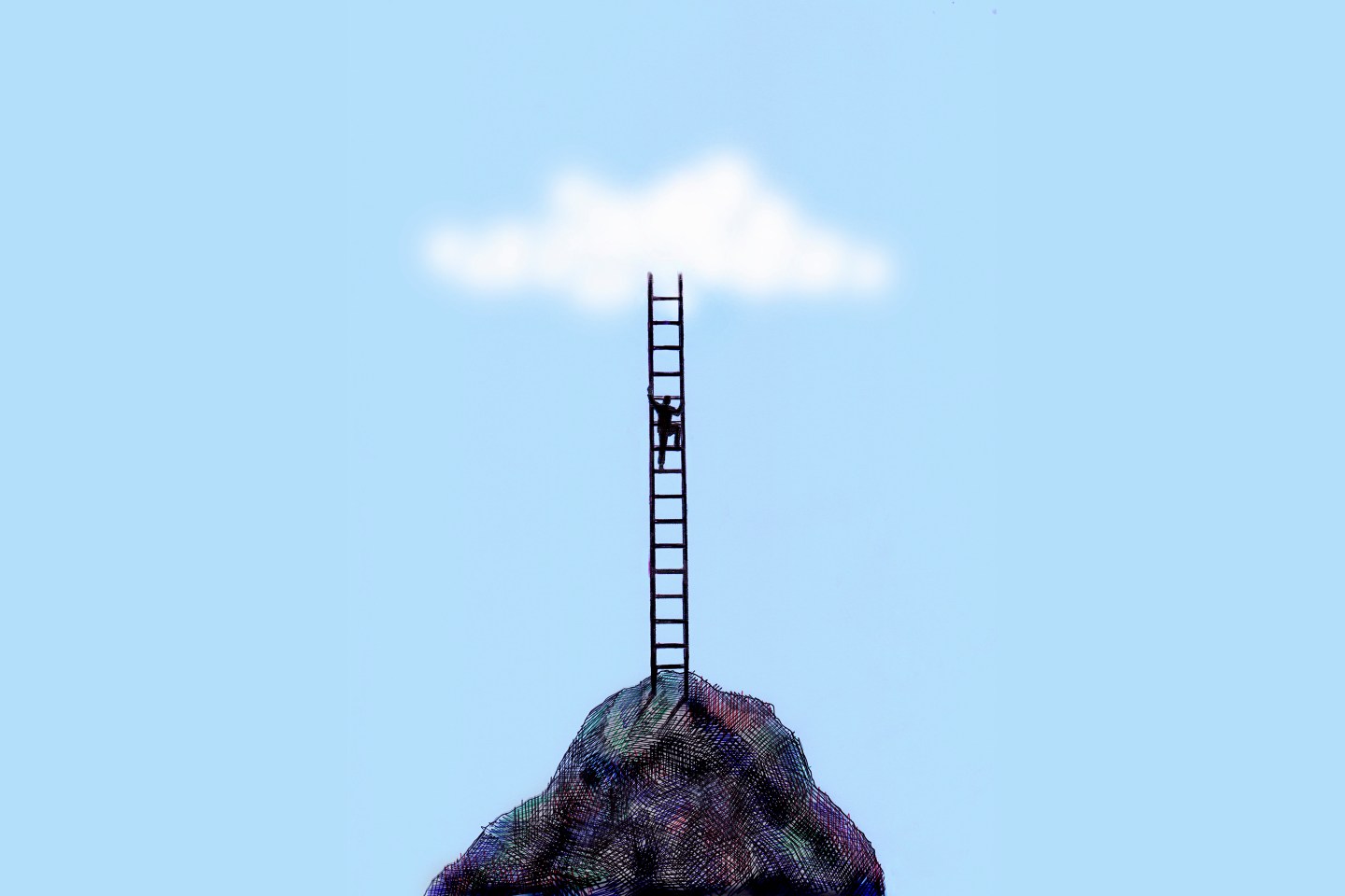 Businessman climbing ladder on top of mountain peak