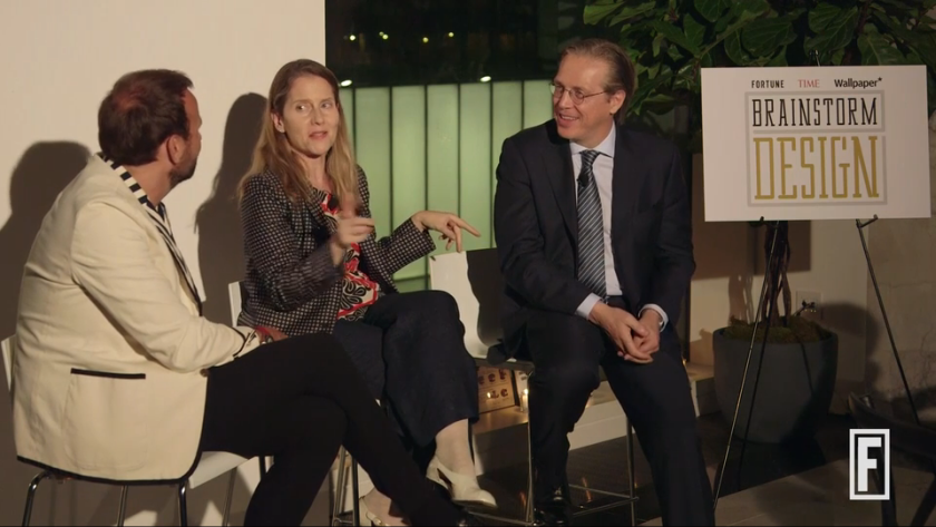 PepsiCo's Mauro Porcini and MoMA's Paola Antonelli with Time Inc's Clay Chandler at a Fortune Brainstorm Design dinner in New York City in May 2017.