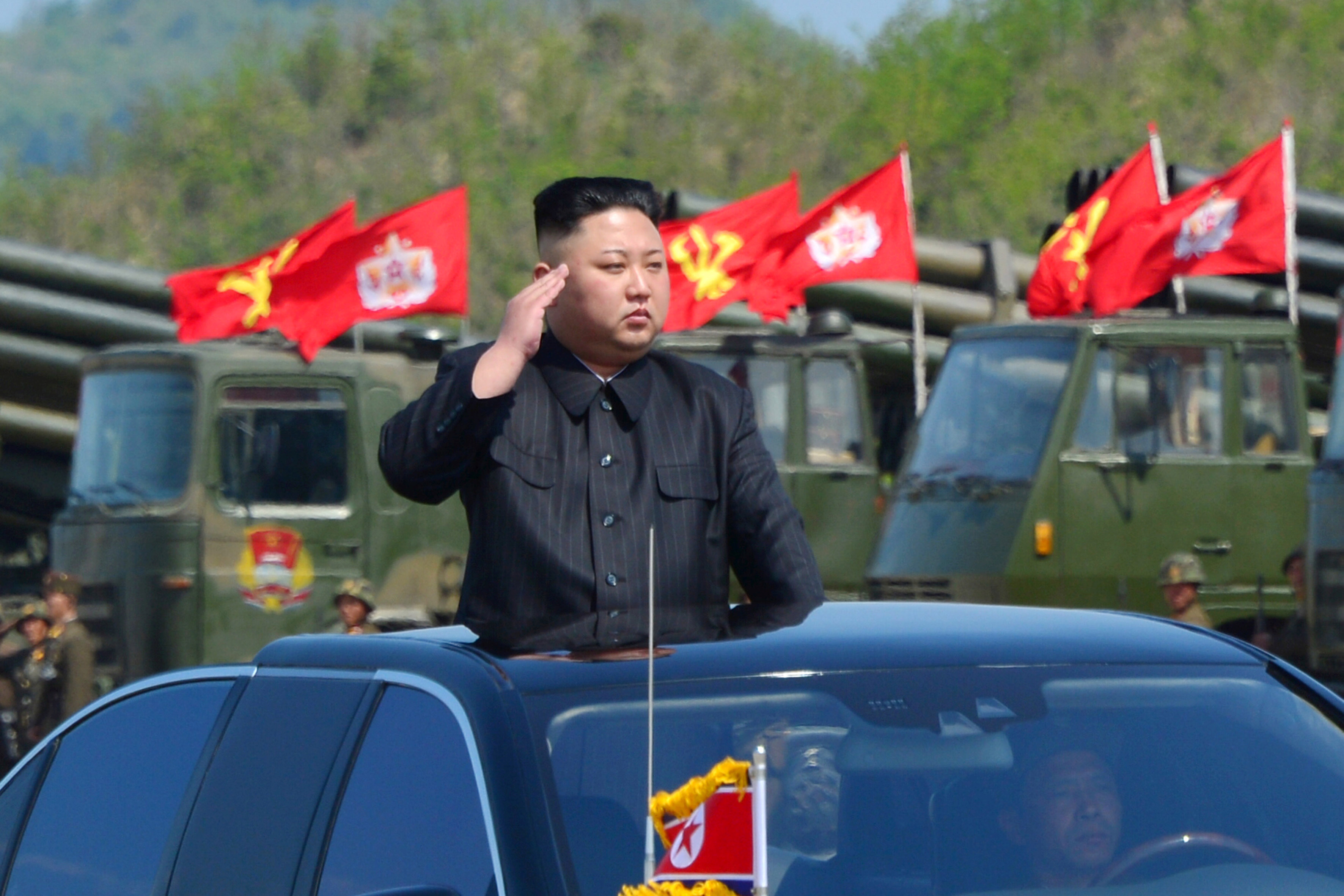 North Korea's leader Kim Jong Un watches a military drill marking the 85th anniversary of the establishment of the Korean People's Army