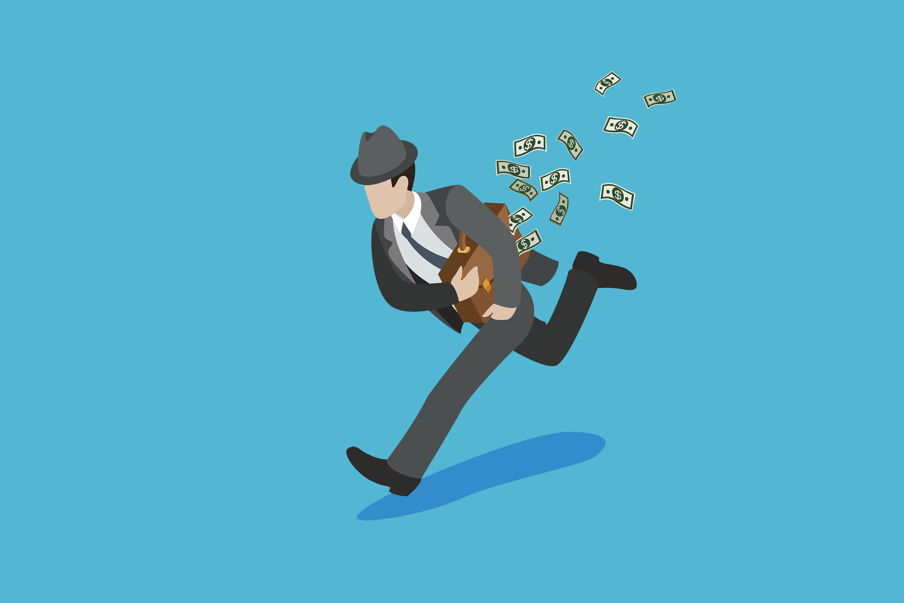 Flat isometric sharper businessman running away with briefcase full of money banknotes vector illustration. 3d isometry Business stealing concept.