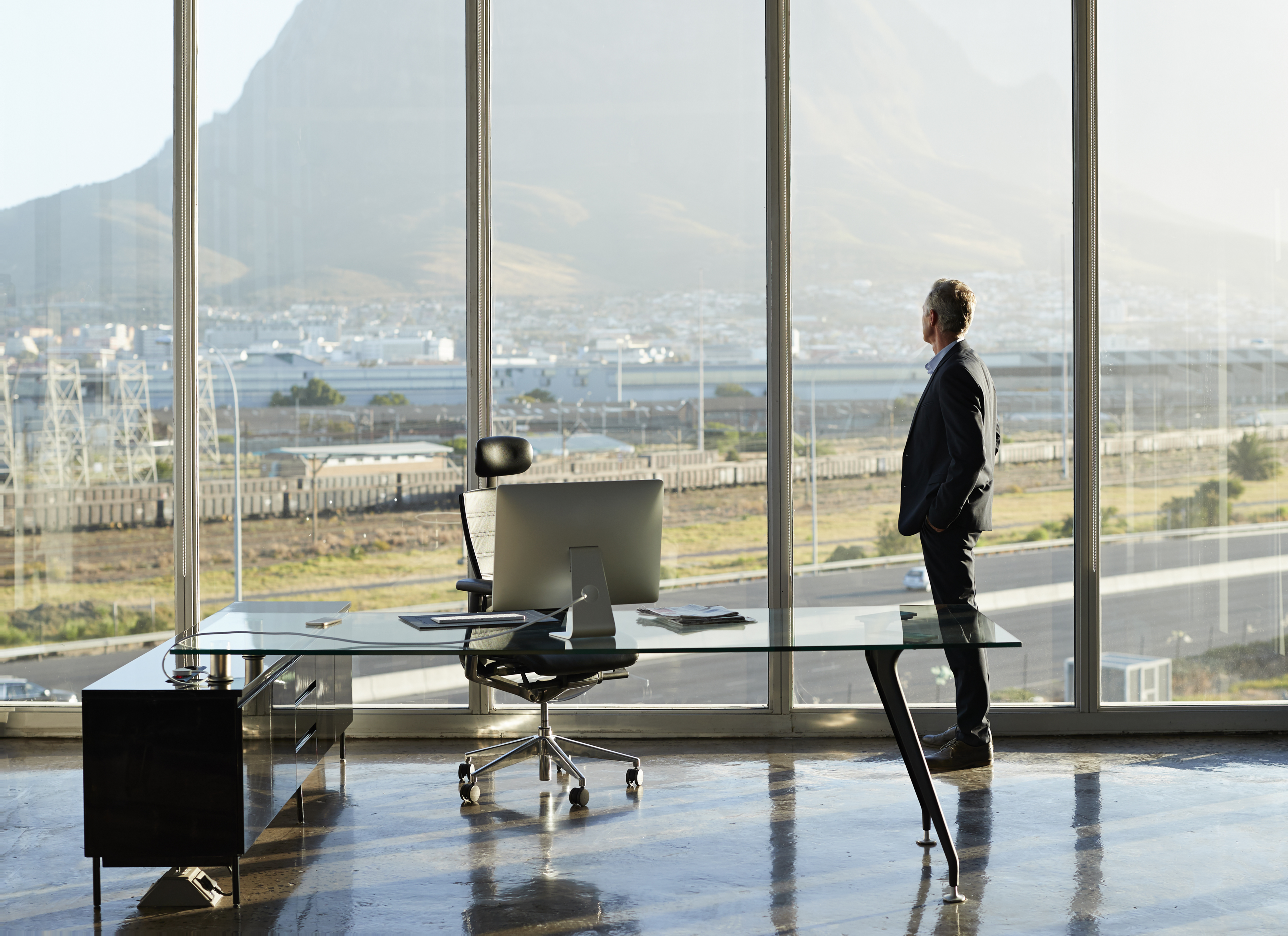 Portrait of male CEO in big corner office, looking out of window