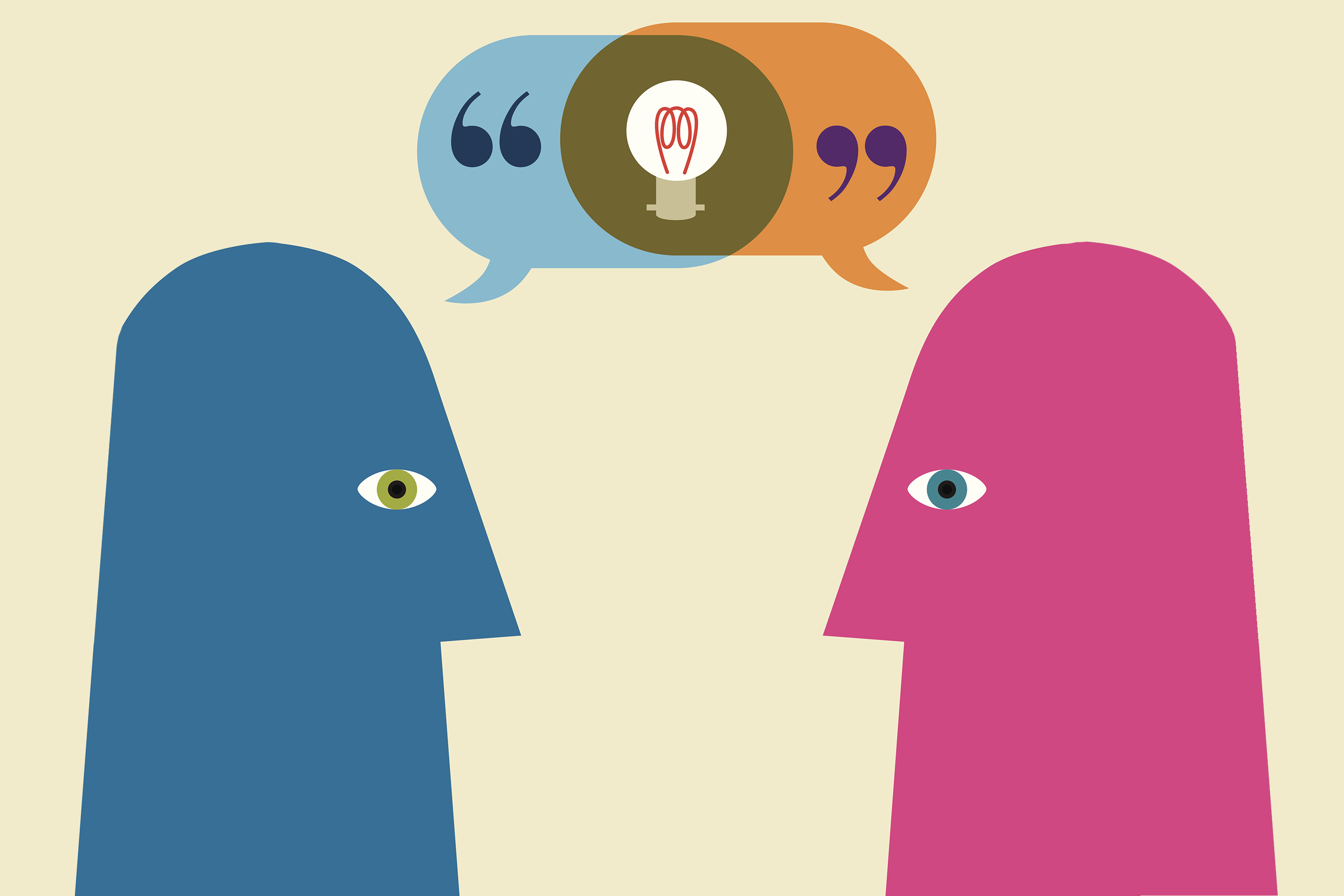 Light bulb inside of overlapping speech bubbles from two heads communicating face to face