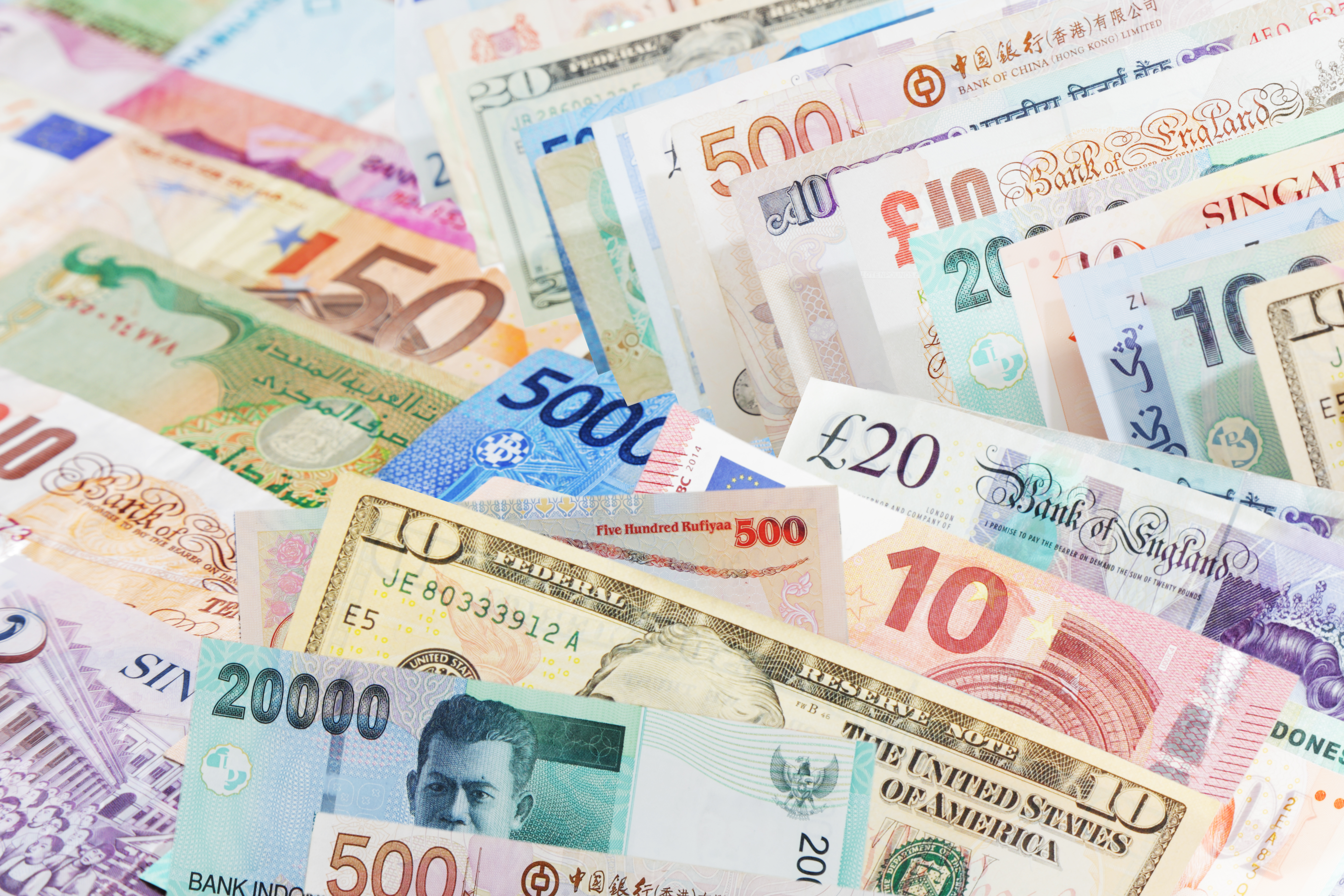 different types of currency, close up