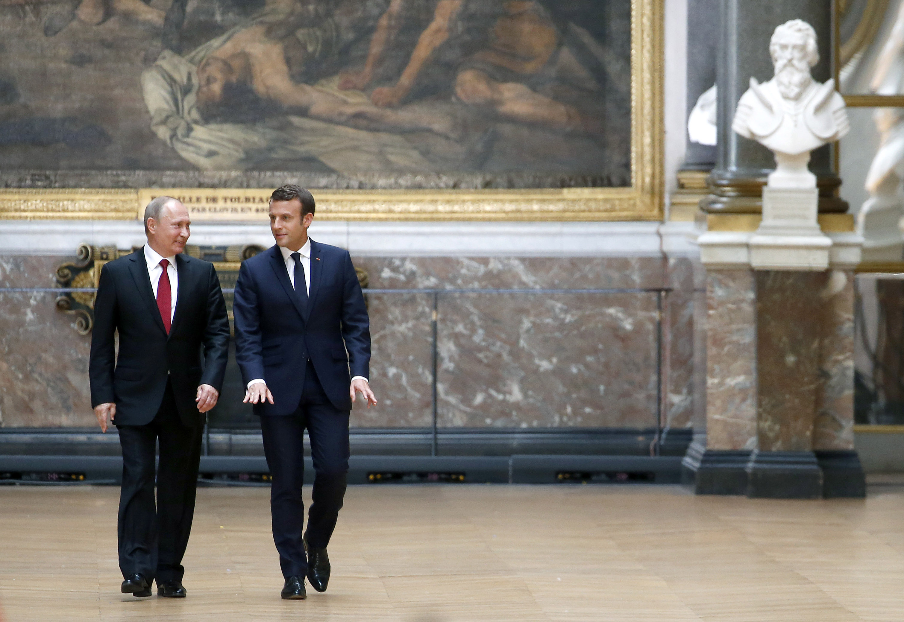 French President Emmanuel Macron Receives Vladimir Putin, Russian President At Chateau De Versailles
