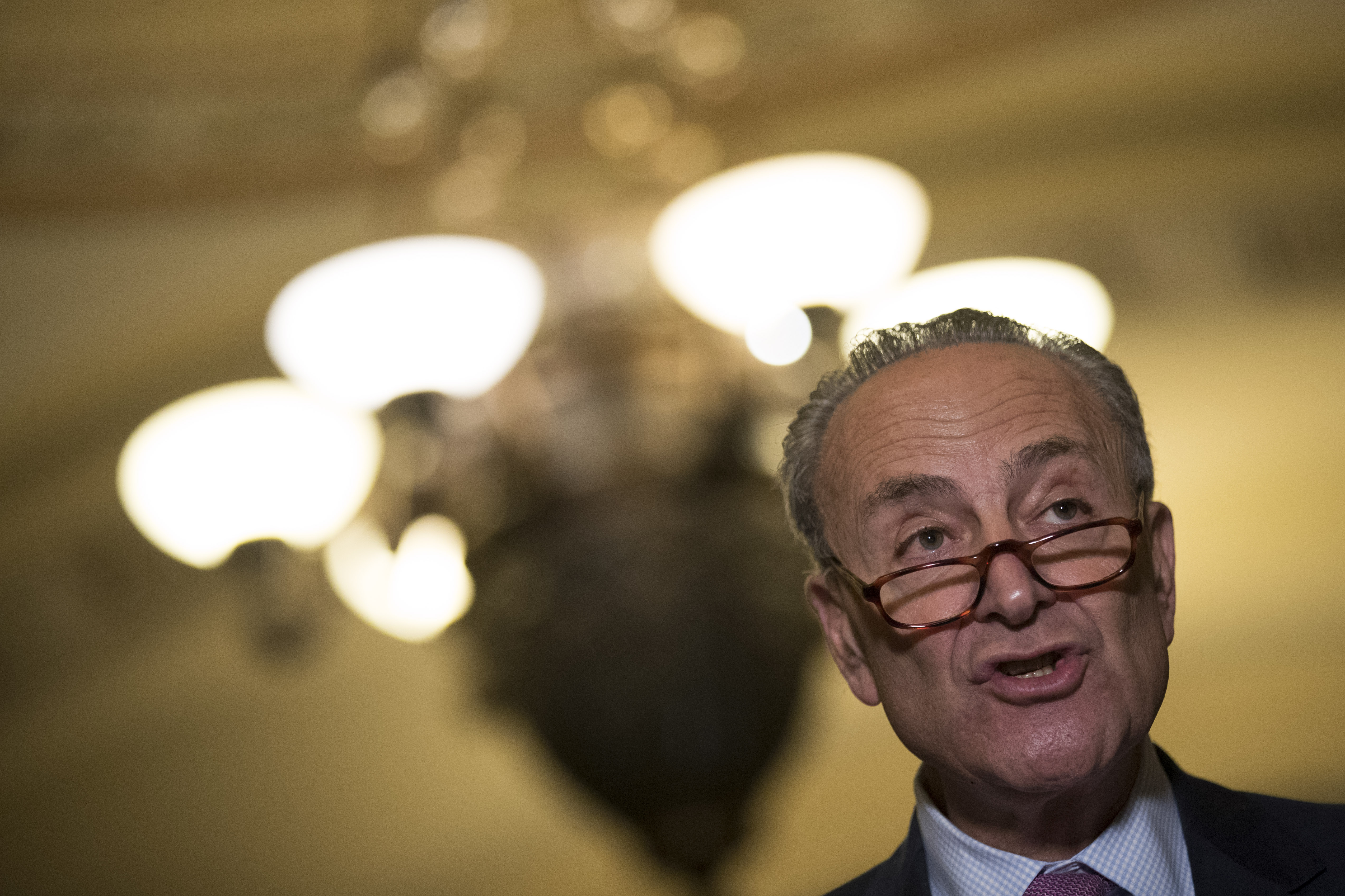 Senate Minority Leader Chuck Schumer (D-NY) speaks at a press conference following a closed-door Senate Democrat conference meeting on Capitol Hill, June 27, 2017 in Washington, DC.