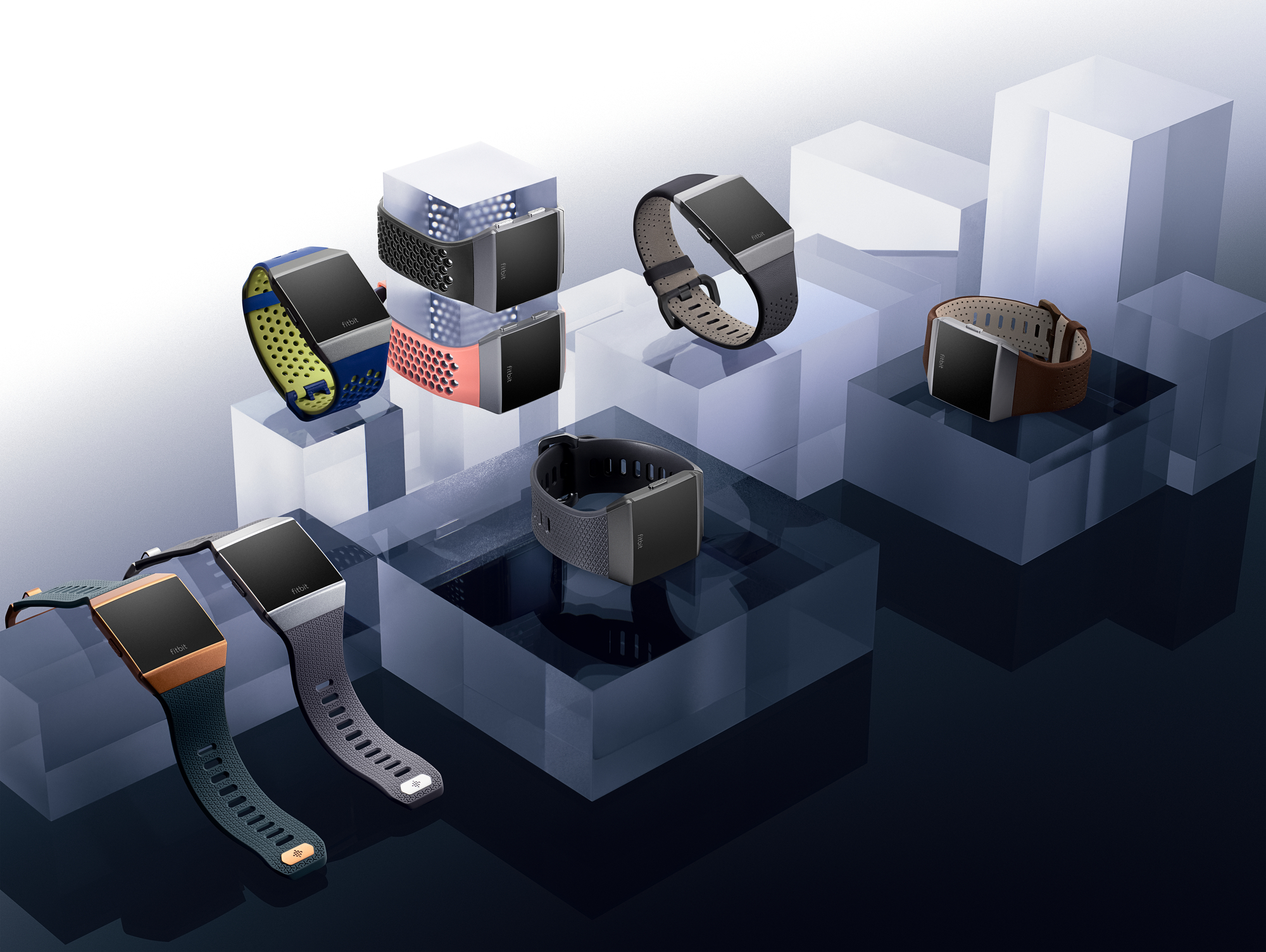 Still photography of Ionic family featuring all colors of in-box, sport, and leather bands.