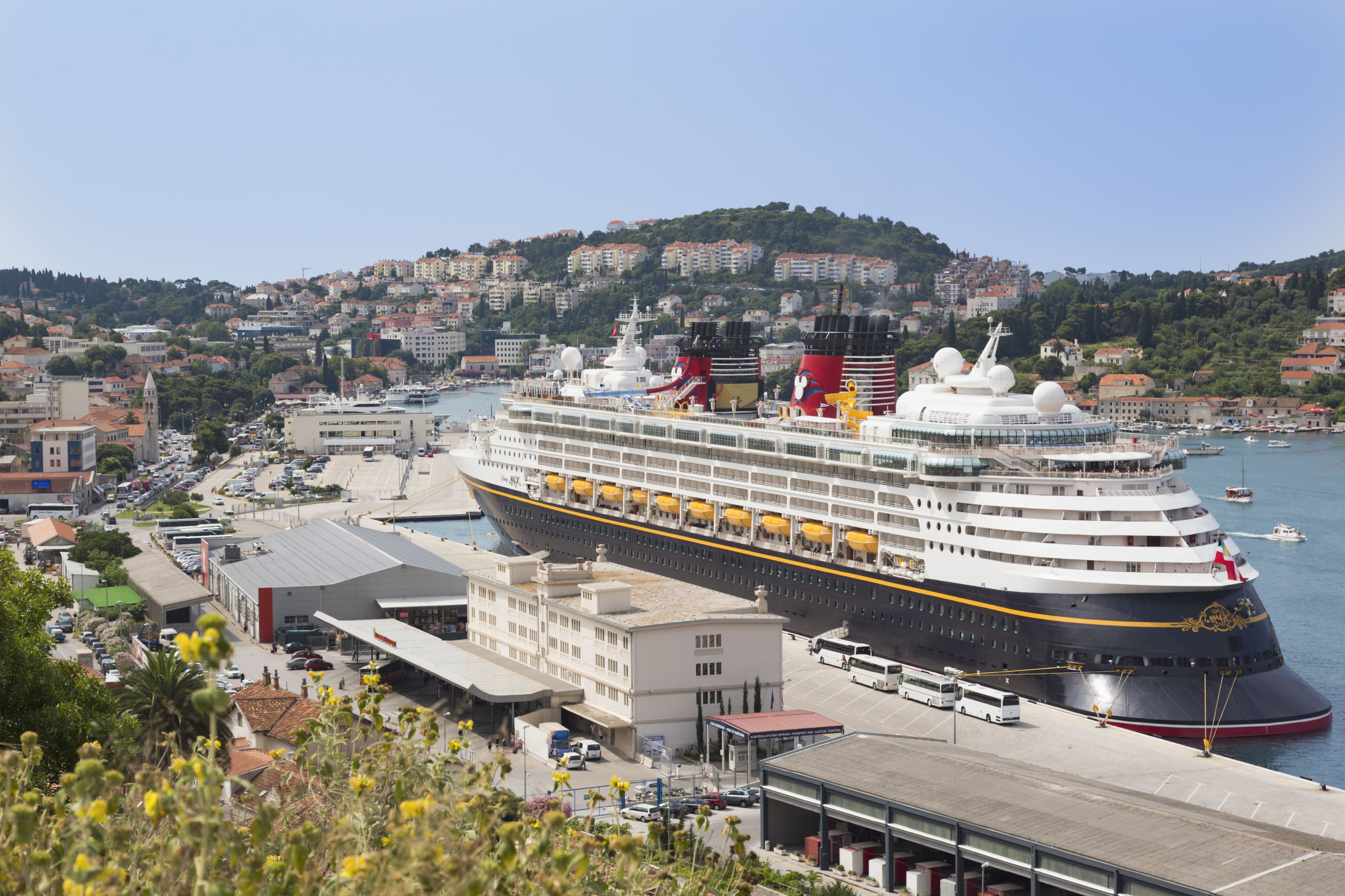 Dubrovnik, Dalmatia, Croatia, The Disney Magic cruise ship docked in the cruise port.