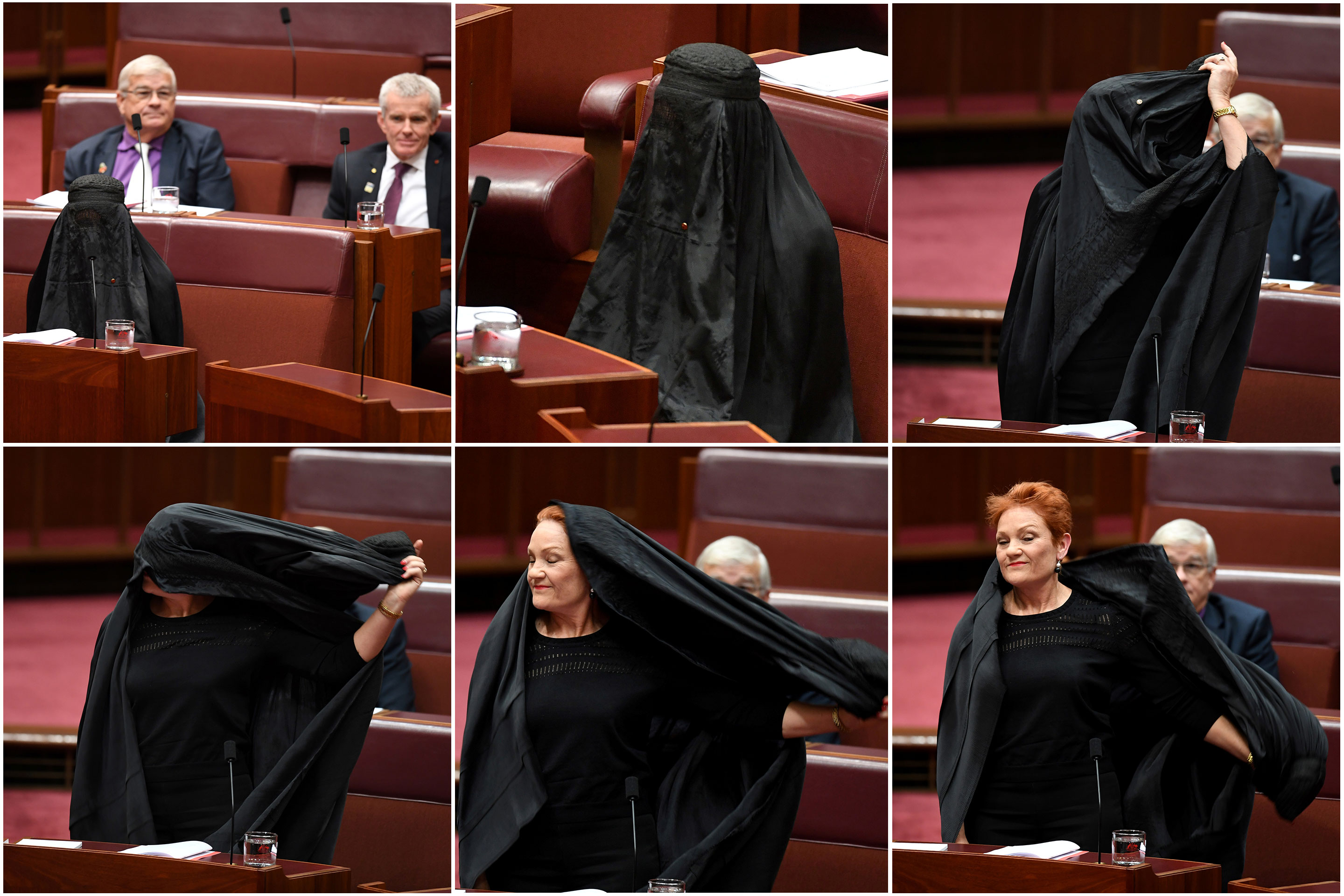 A combination photo shows Australian One Nation party leader, Senator Pauline Hanson wearing a burqa and taking it off in the Senate chamber at Parliament House in Canberra, Australia, August 17, 2017. AAP/Mick Tsikas/via REUTERS. ATTENTION EDITORS - THIS PICTURE WAS PROVIDED BY A THIRD PARTY. NO RESALES. NO ARCHIVE. AUSTRALIA OUT. NEW ZEALAND OUT. - RTS1C3XT